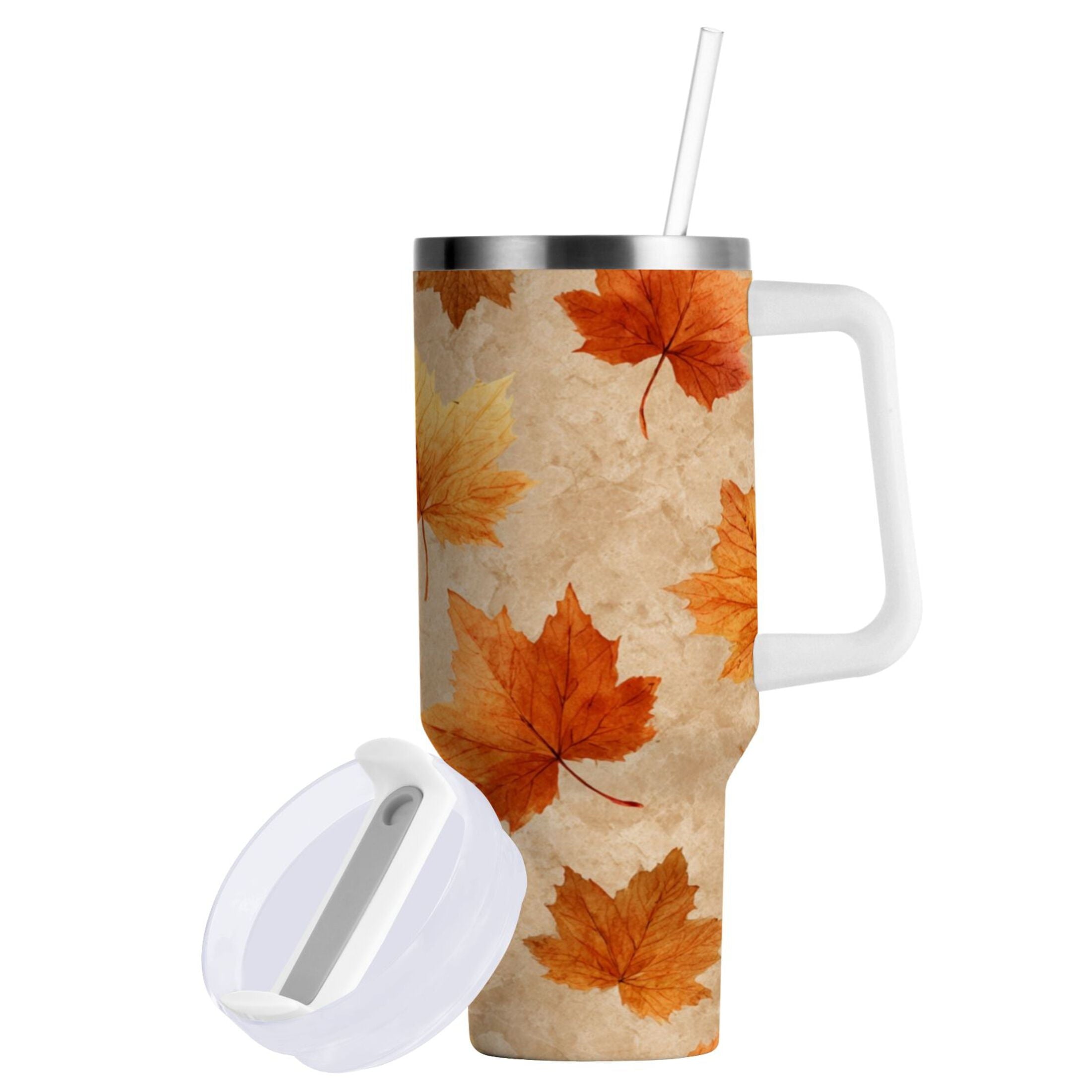 40 oz Insulated Stainless Steel Tumbler Double Wall Stainless Steel Tumbler with 2-Way Drinking Orange Autumn Leaves Pattern | IT2A