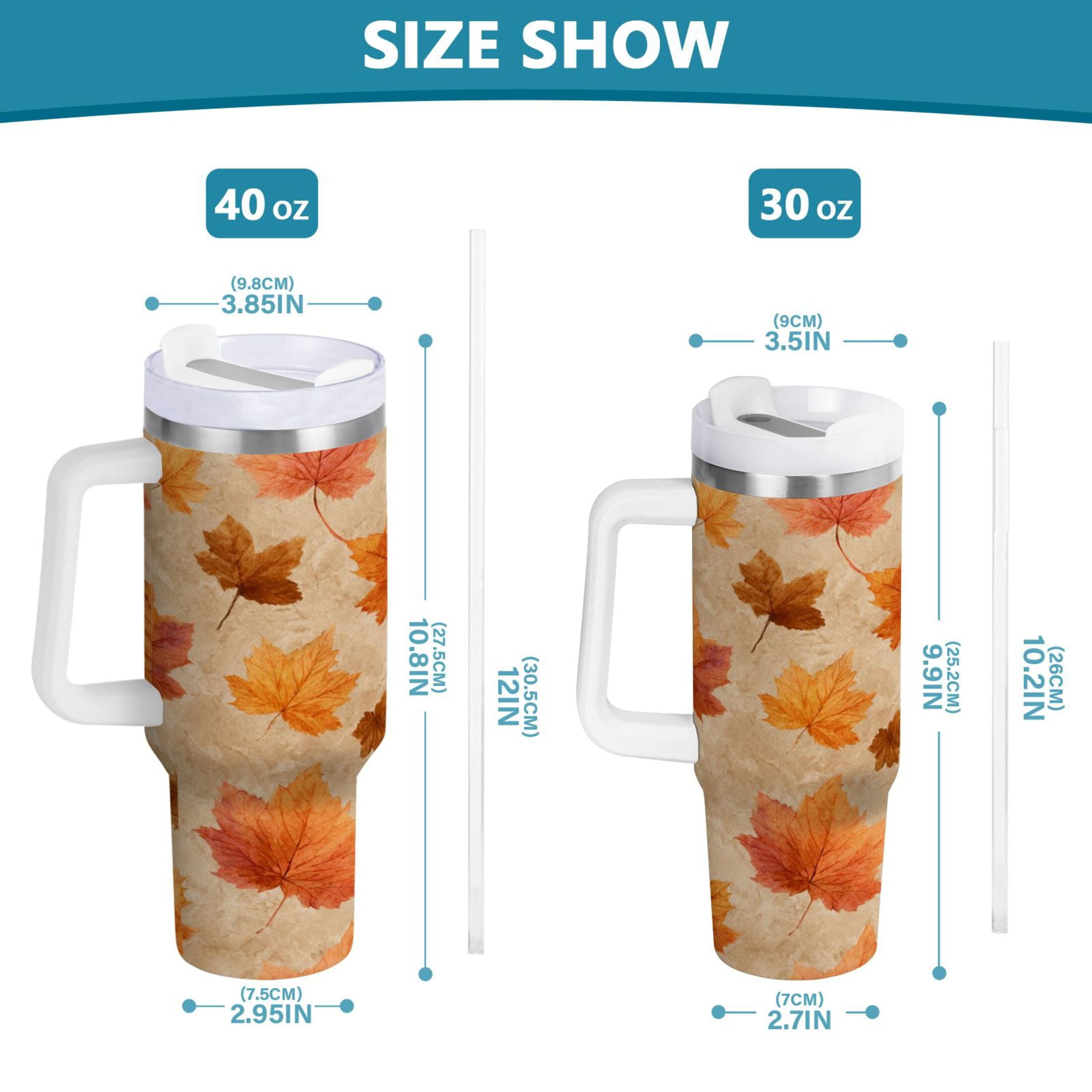 40 oz Insulated Stainless Steel Tumbler Double Wall Stainless Steel Tumbler with 2-Way Drinking Orange Autumn Leaves Pattern | IT2A