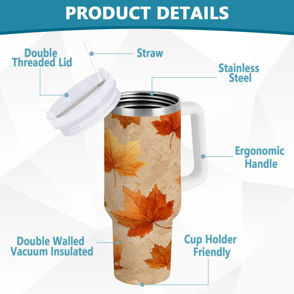 40 oz Insulated Stainless Steel Tumbler Double Wall Stainless Steel Tumbler with 2-Way Drinking Orange Autumn Leaves Pattern | IT2A