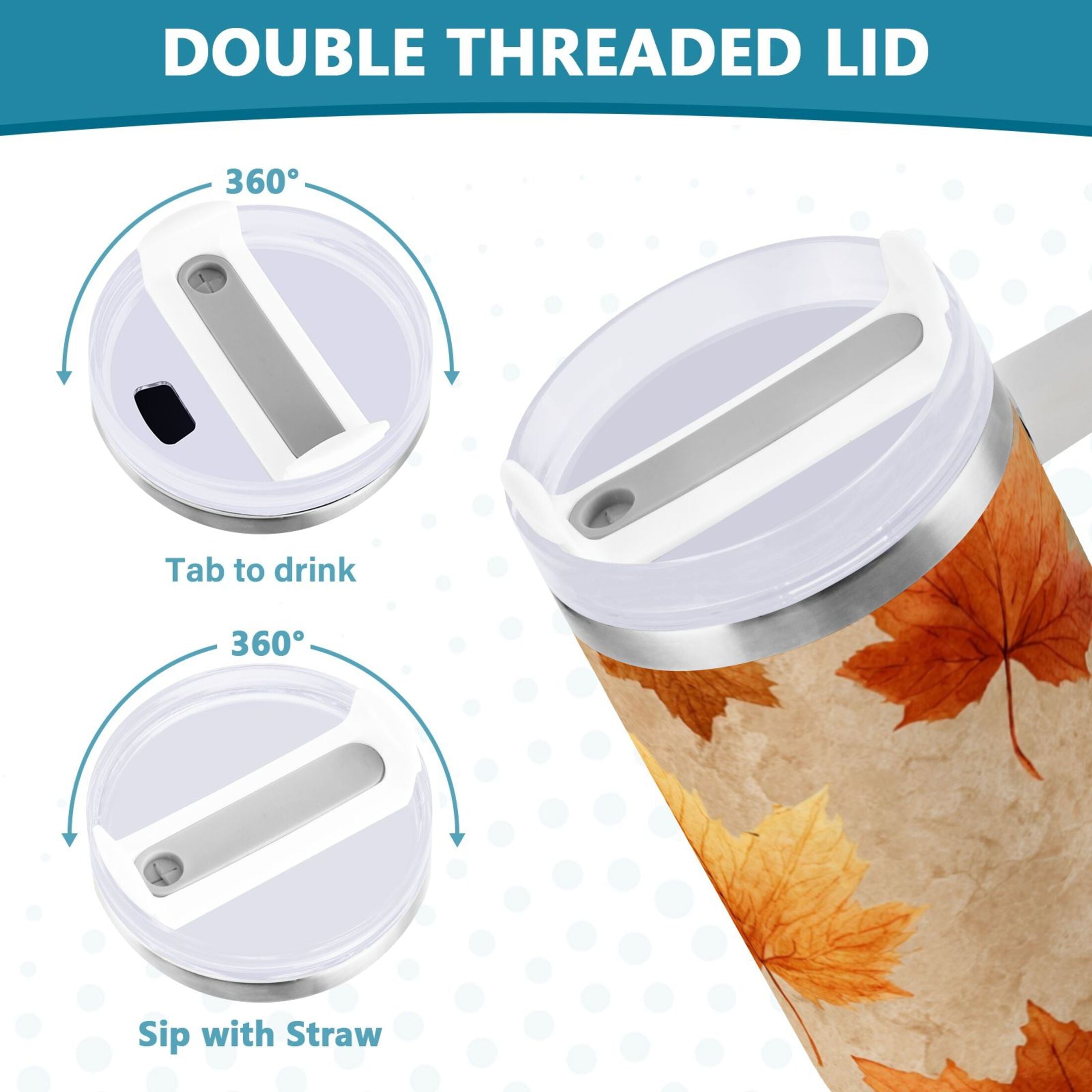 40 oz Insulated Stainless Steel Tumbler Double Wall Stainless Steel Tumbler with 2-Way Drinking Orange Autumn Leaves Pattern | IT2A