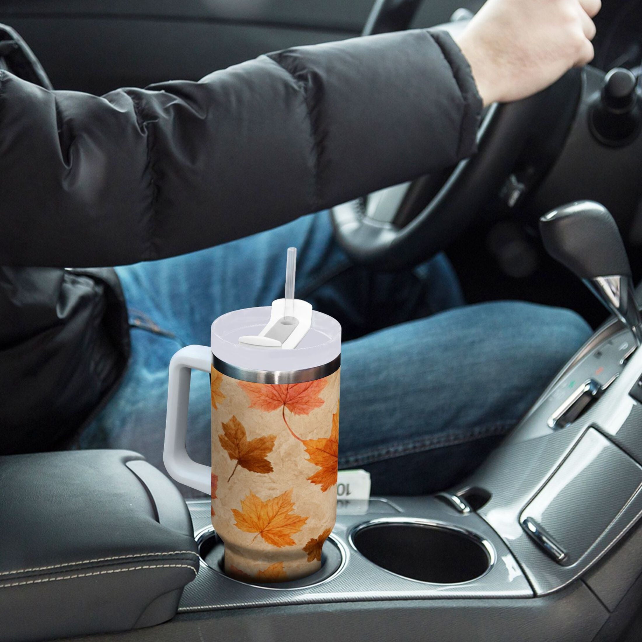 40 oz Insulated Stainless Steel Tumbler Double Wall Stainless Steel Tumbler with 2-Way Drinking Orange Autumn Leaves Pattern | IT2A