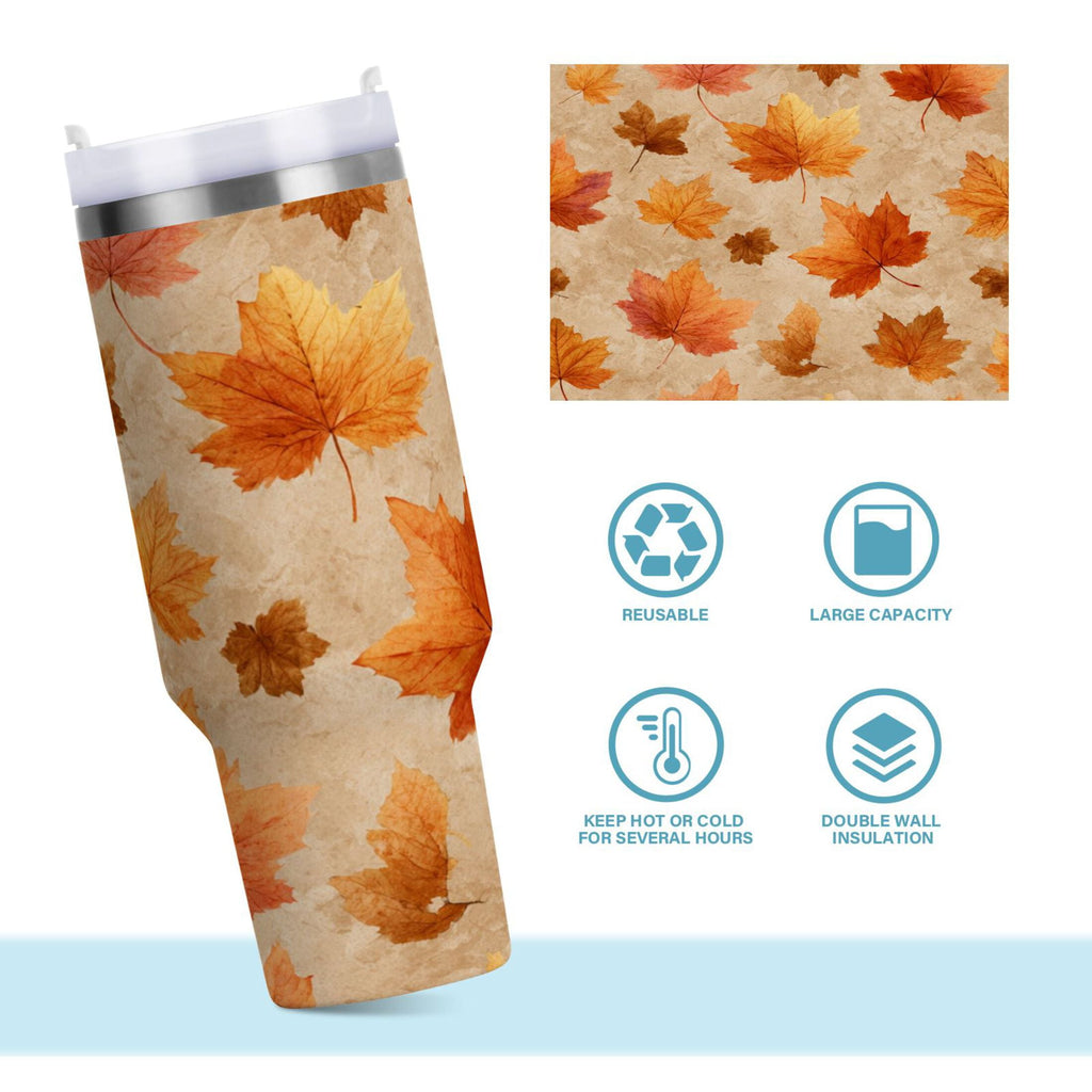 40 oz Insulated Stainless Steel Tumbler Double Wall Stainless Steel Tumbler with 2-Way Drinking Orange Autumn Leaves Pattern | IT2A