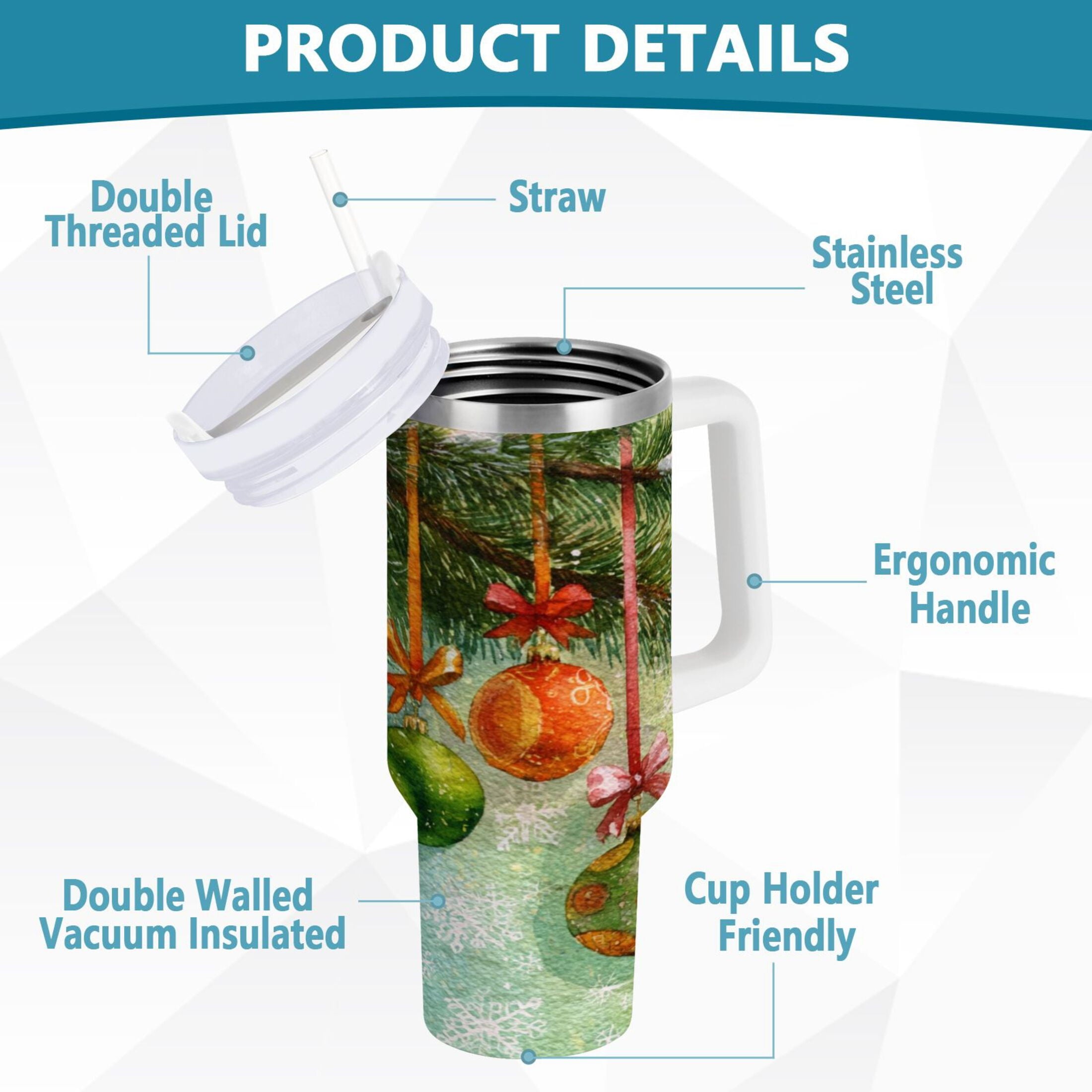 30 oz Insulated Stainless Steel Tumbler Double Wall Stainless Steel Tumbler with 2-Way Drinking Christmas Ornaments Watercolor Painting | I7RC