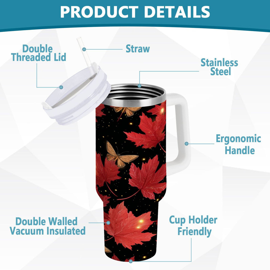 40 oz Insulated Stainless Steel Tumbler Double Wall Stainless Steel Tumbler with 2-Way Drinking Maple Leaves and Fireflies | P3ED