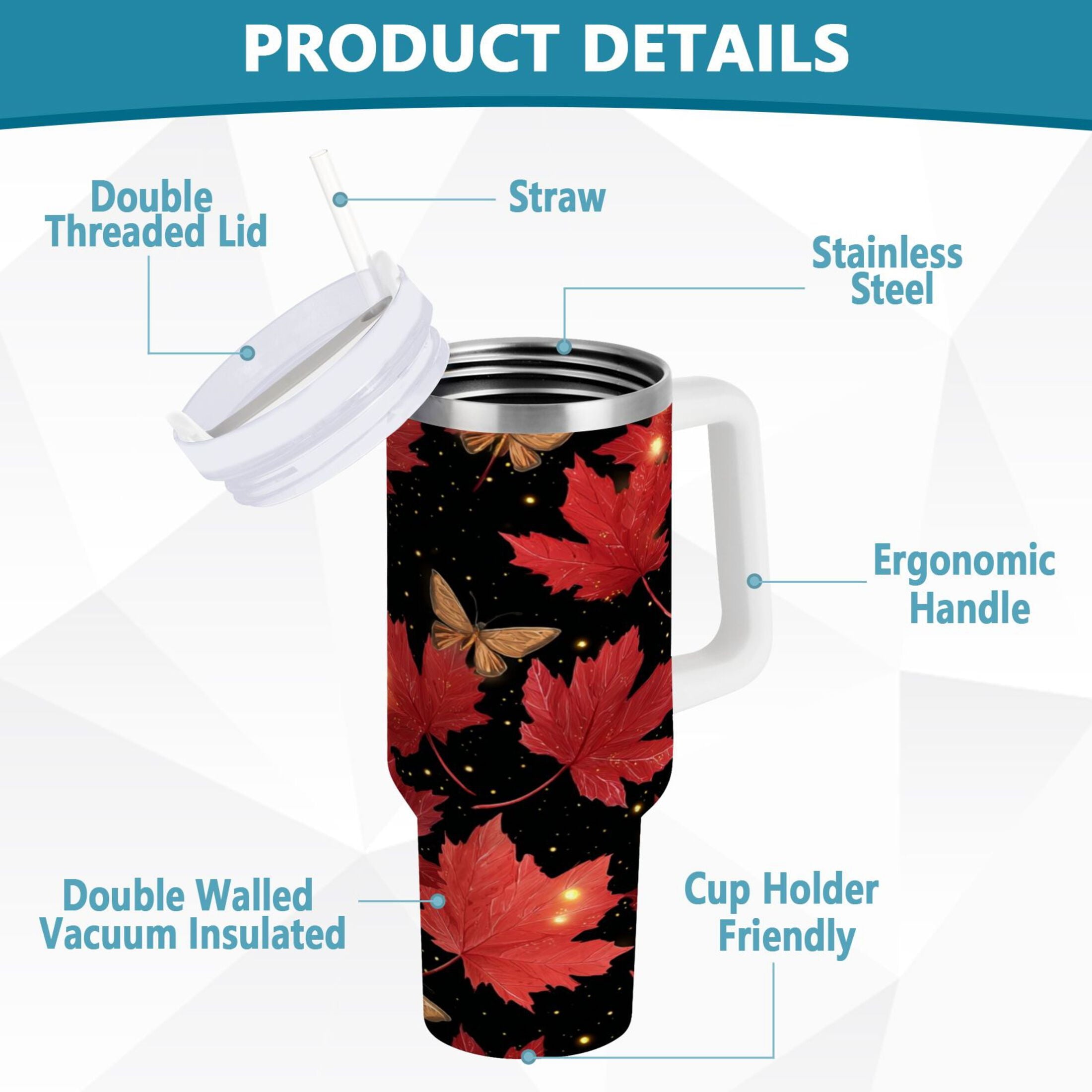 40 oz Insulated Stainless Steel Tumbler Double Wall Stainless Steel Tumbler with 2-Way Drinking Maple Leaves and Fireflies | P3ED