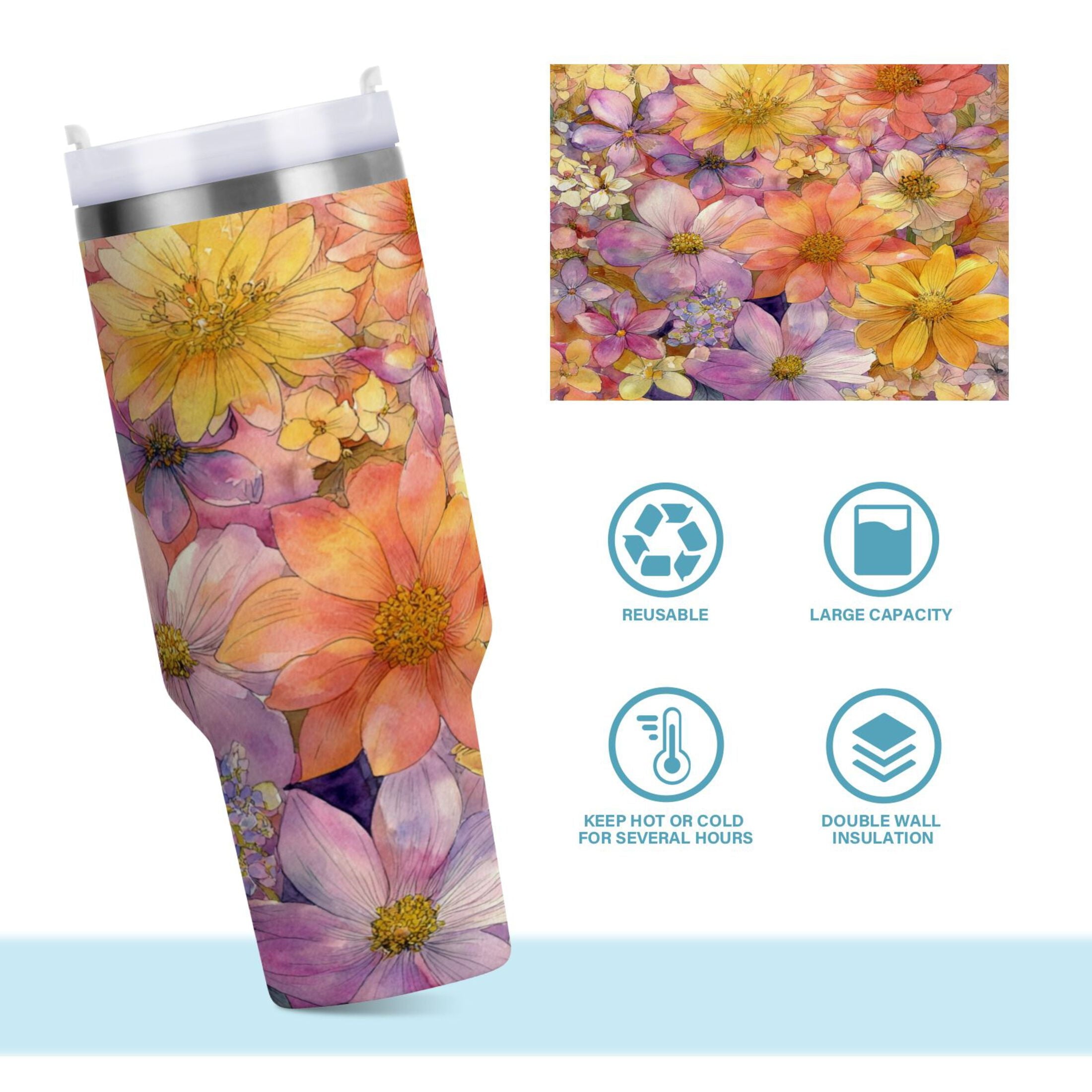 30 oz Insulated Stainless Steel Tumbler Double Wall Stainless Steel Tumbler with 2-Way Drinking Summer Blossoms | B5A0