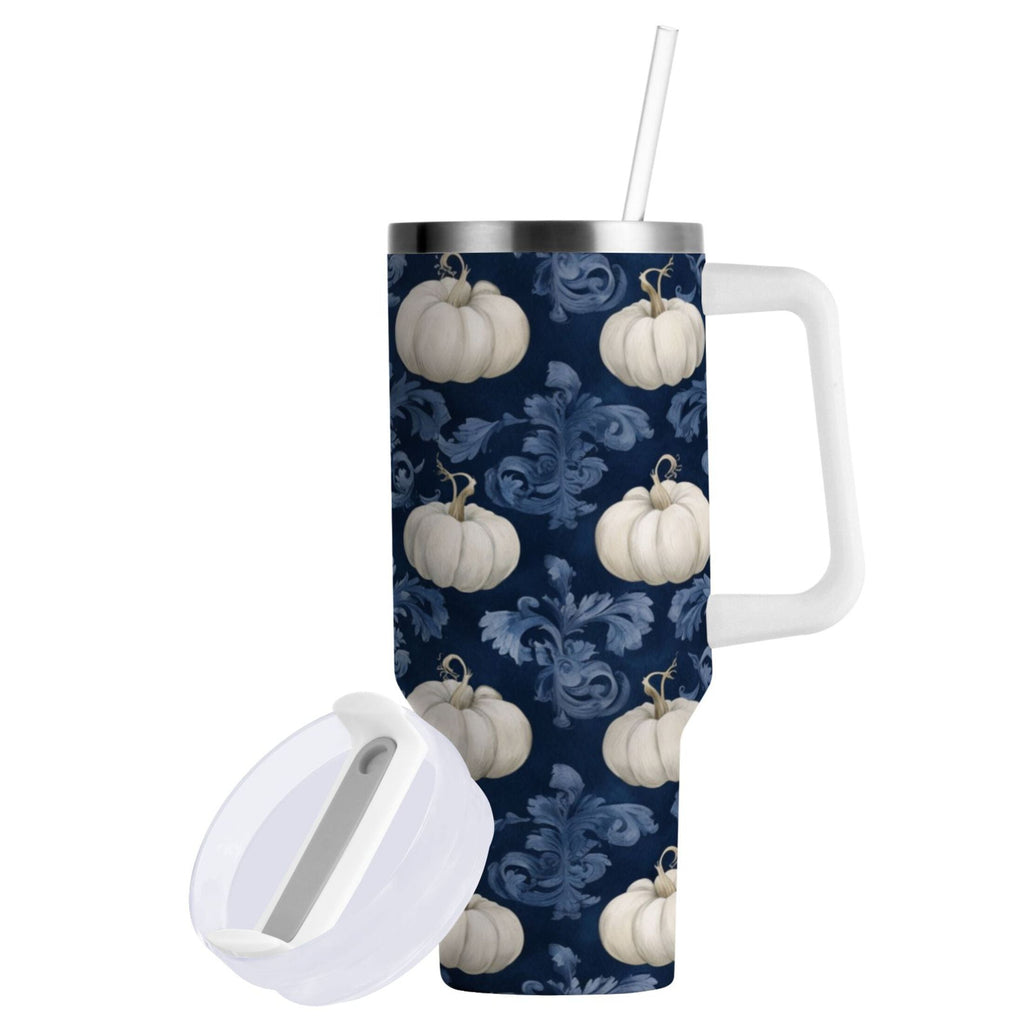 30 oz Insulated Stainless Steel Tumbler Double Wall Stainless Steel Tumbler with 2-Way Drinking Watercolor White Pumpkins | I2HT