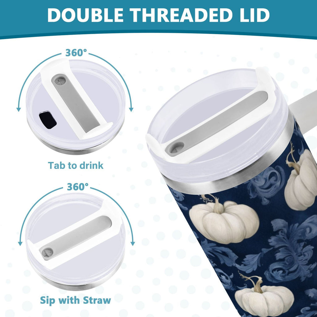 30 oz Insulated Stainless Steel Tumbler Double Wall Stainless Steel Tumbler with 2-Way Drinking Watercolor White Pumpkins | I2HT