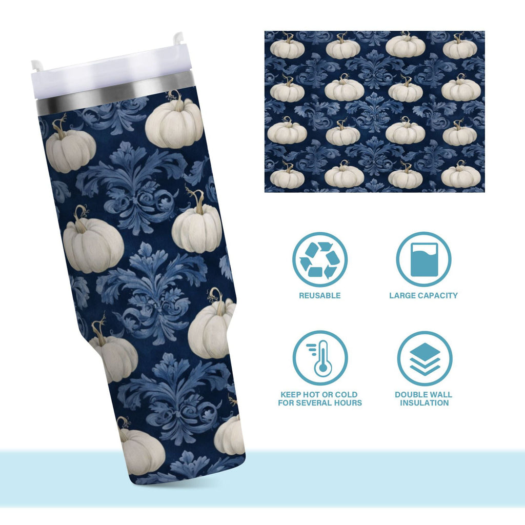 30 oz Insulated Stainless Steel Tumbler Double Wall Stainless Steel Tumbler with 2-Way Drinking Watercolor White Pumpkins | I2HT