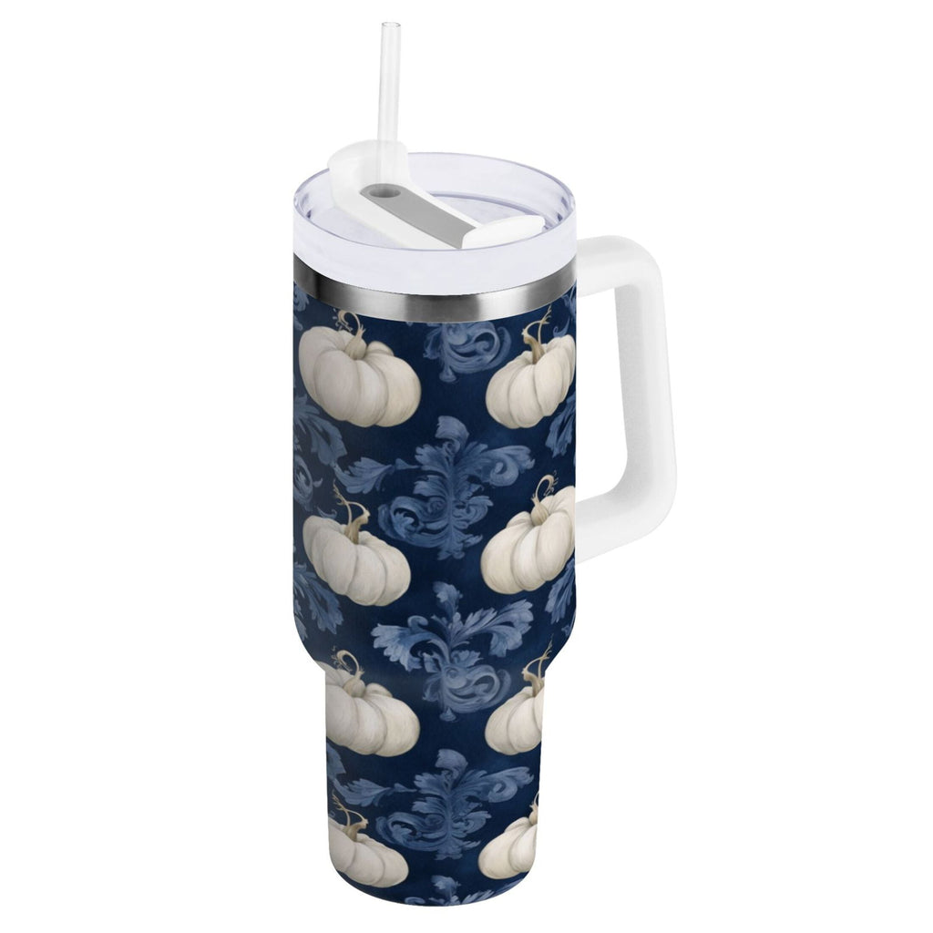 30 oz Insulated Stainless Steel Tumbler Double Wall Stainless Steel Tumbler with 2-Way Drinking Watercolor White Pumpkins | I2HT