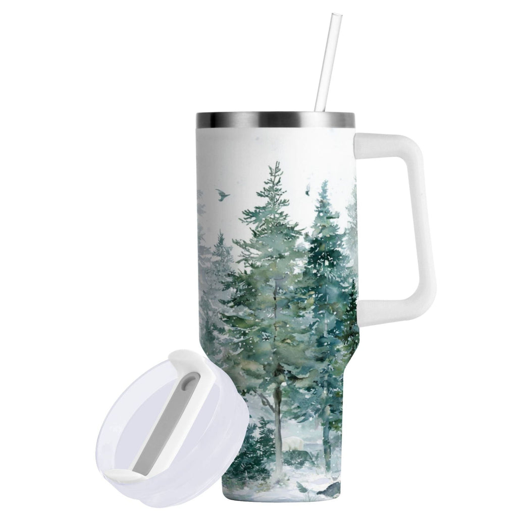 30 oz Insulated Stainless Steel Tumbler Double Wall Stainless Steel Tumbler with 2-Way Drinking Green Snowy Forest Scene | C90S
