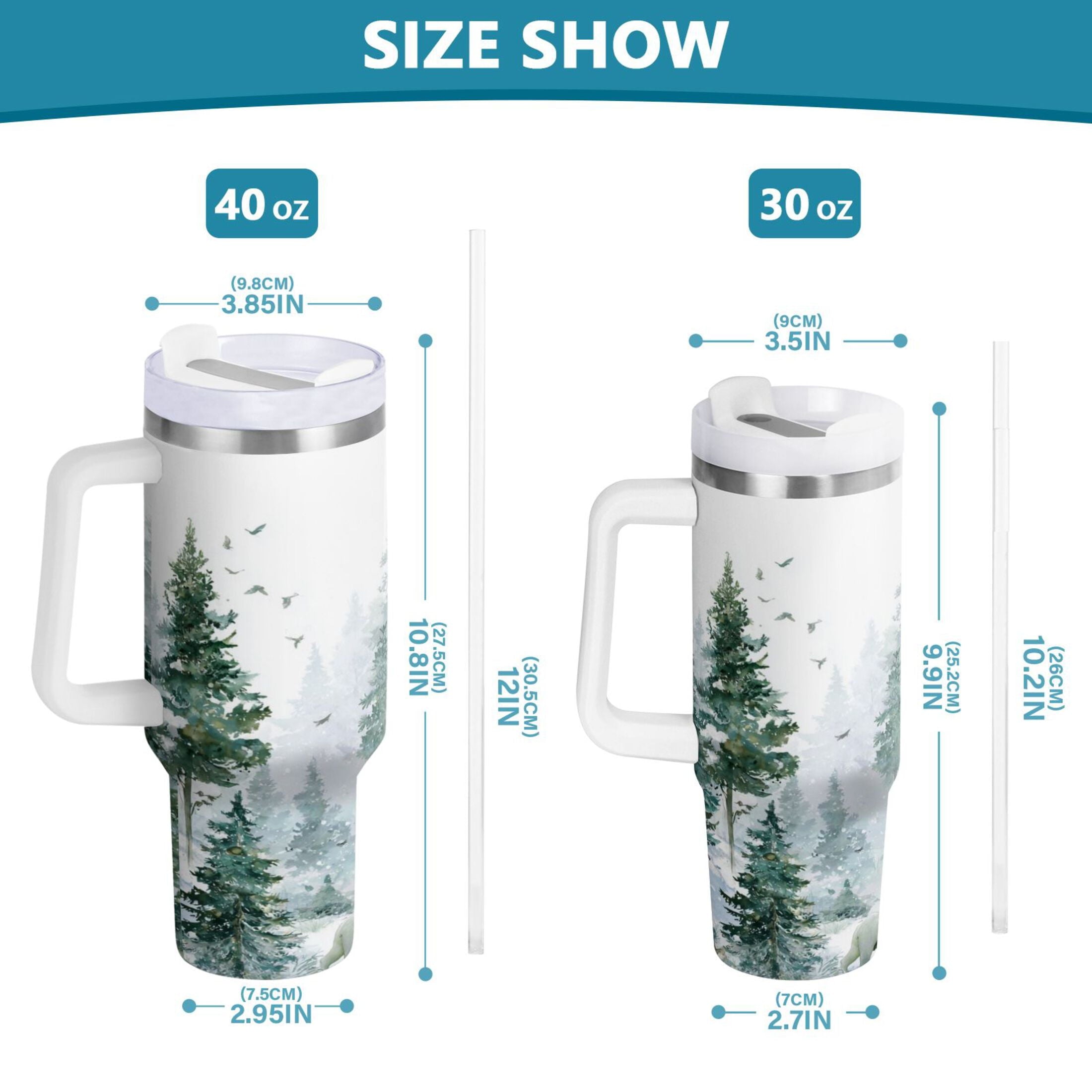 30 oz Insulated Stainless Steel Tumbler Double Wall Stainless Steel Tumbler with 2-Way Drinking Green Snowy Forest Scene | C90S