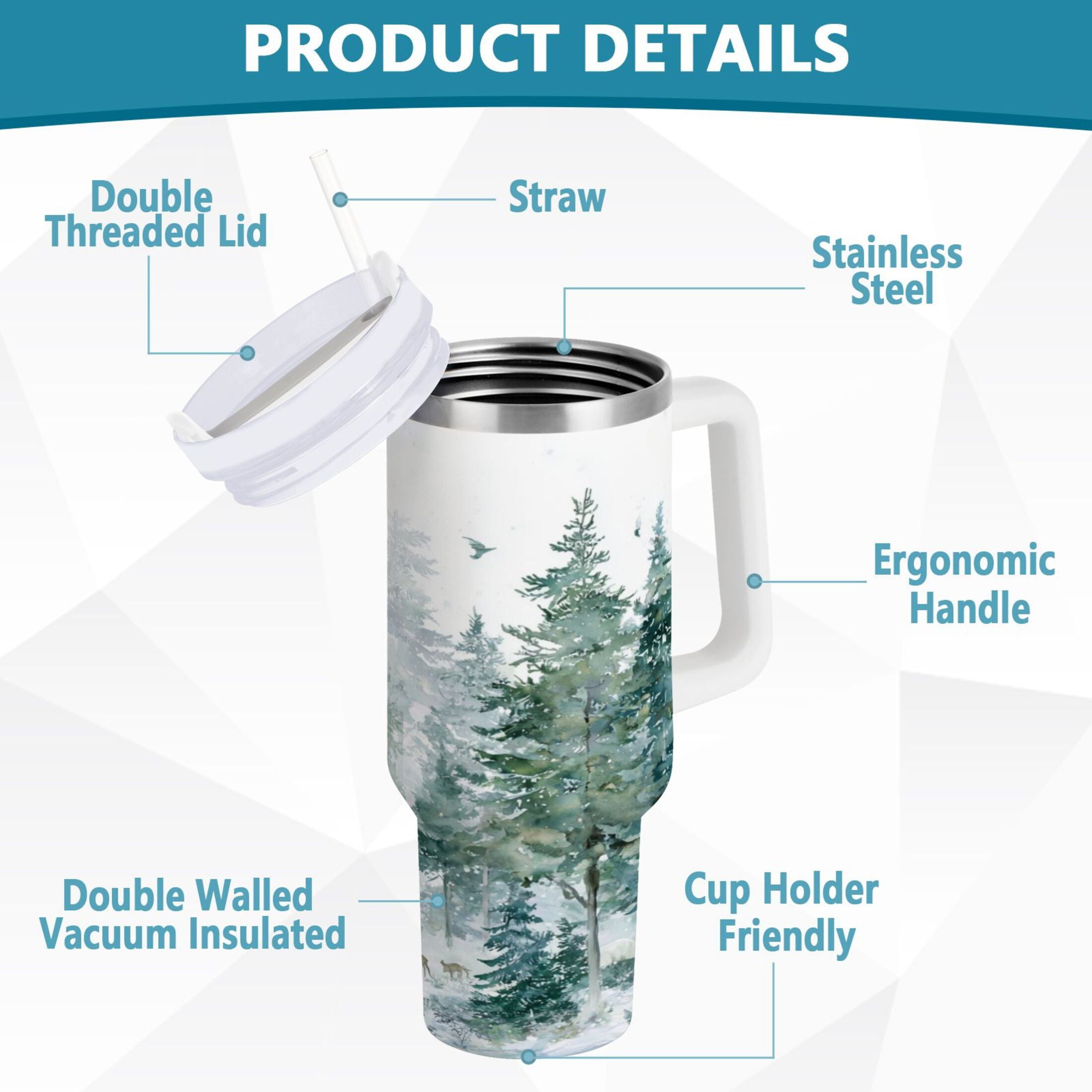 30 oz Insulated Stainless Steel Tumbler Double Wall Stainless Steel Tumbler with 2-Way Drinking Green Snowy Forest Scene | C90S