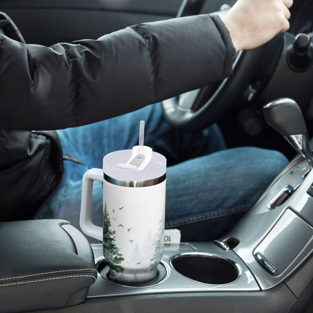 30 oz Insulated Stainless Steel Tumbler Double Wall Stainless Steel Tumbler with 2-Way Drinking Green Snowy Forest Scene | C90S