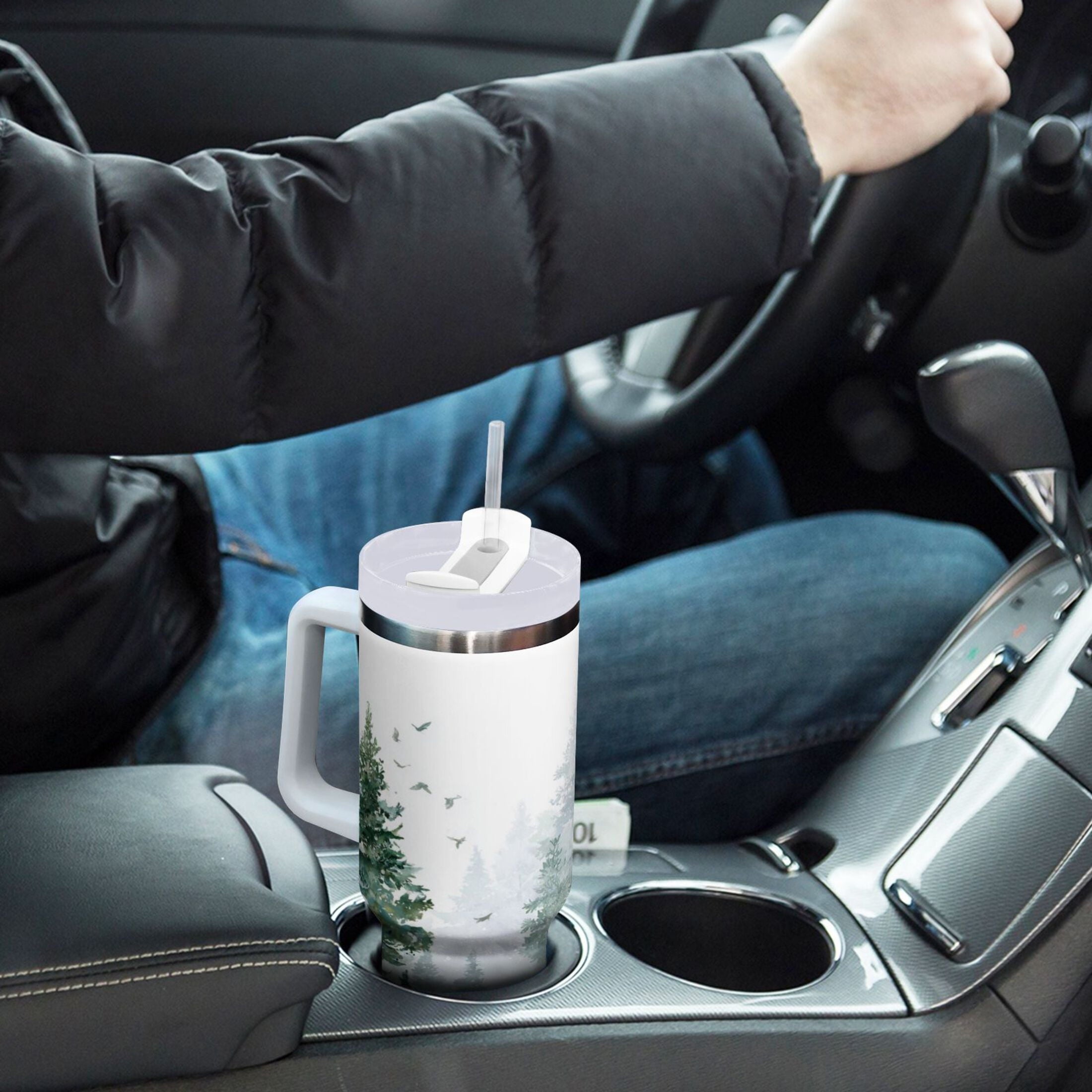 30 oz Insulated Stainless Steel Tumbler Double Wall Stainless Steel Tumbler with 2-Way Drinking Green Snowy Forest Scene | C90S