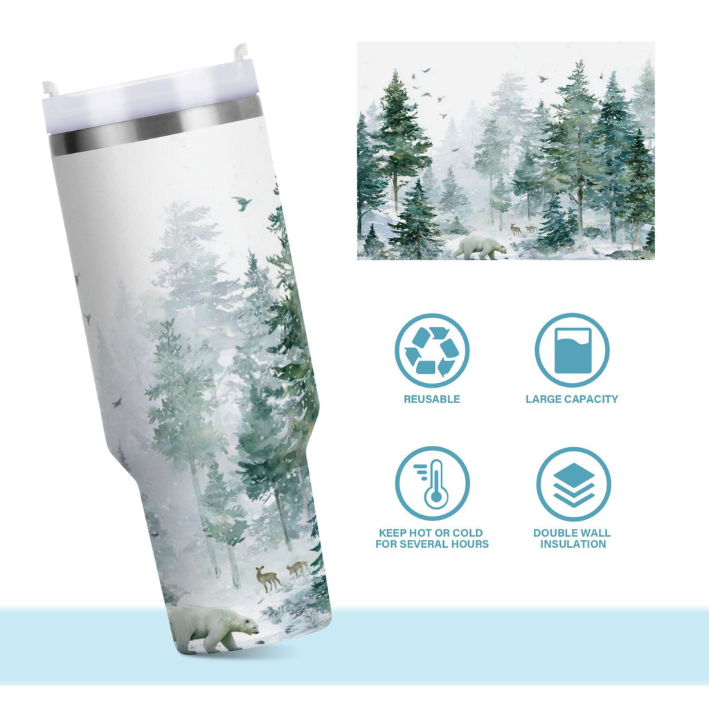 30 oz Insulated Stainless Steel Tumbler Double Wall Stainless Steel Tumbler with 2-Way Drinking Green Snowy Forest Scene | C90S