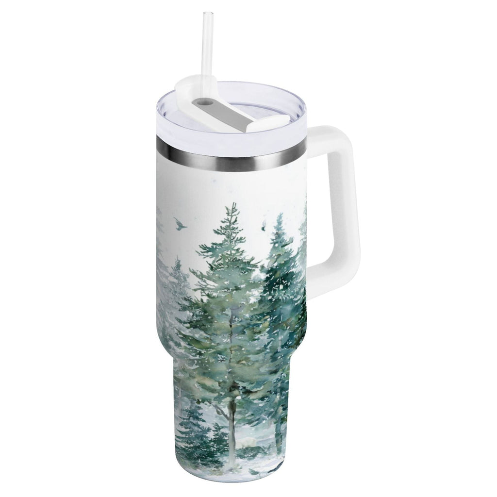 30 oz Insulated Stainless Steel Tumbler Double Wall Stainless Steel Tumbler with 2-Way Drinking Green Snowy Forest Scene | C90S