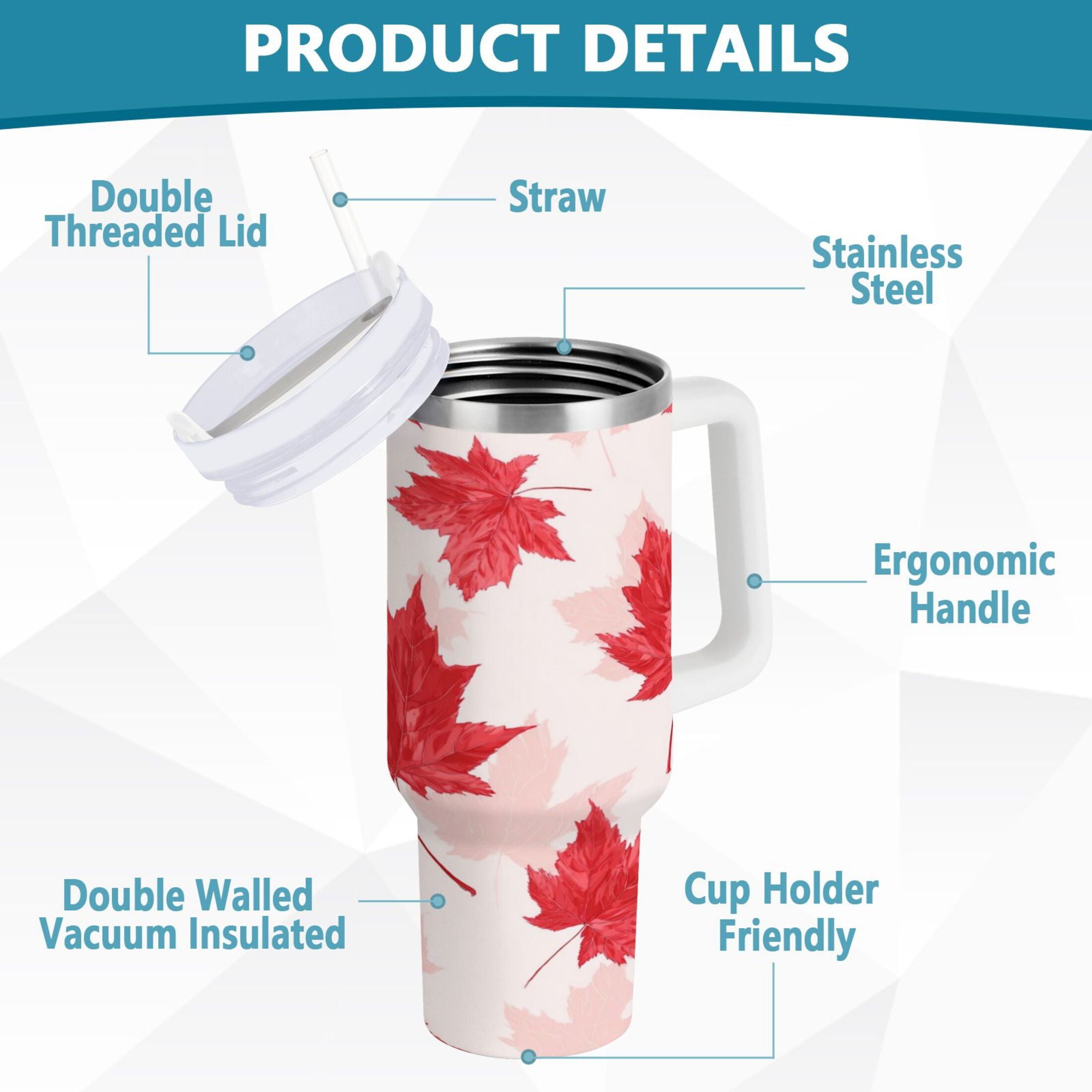 40 oz Insulated Stainless Steel Tumbler Double Wall Stainless Steel Tumbler with 2-Way Drinking Red Maple Leaves Pattern | AT1C