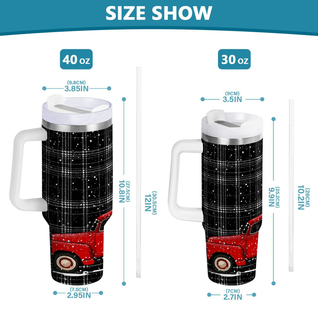 40 oz Insulated Stainless Steel Tumbler Double Wall Stainless Steel Tumbler with 2-Way Drinking Red Truck with Christmas Tree | O903