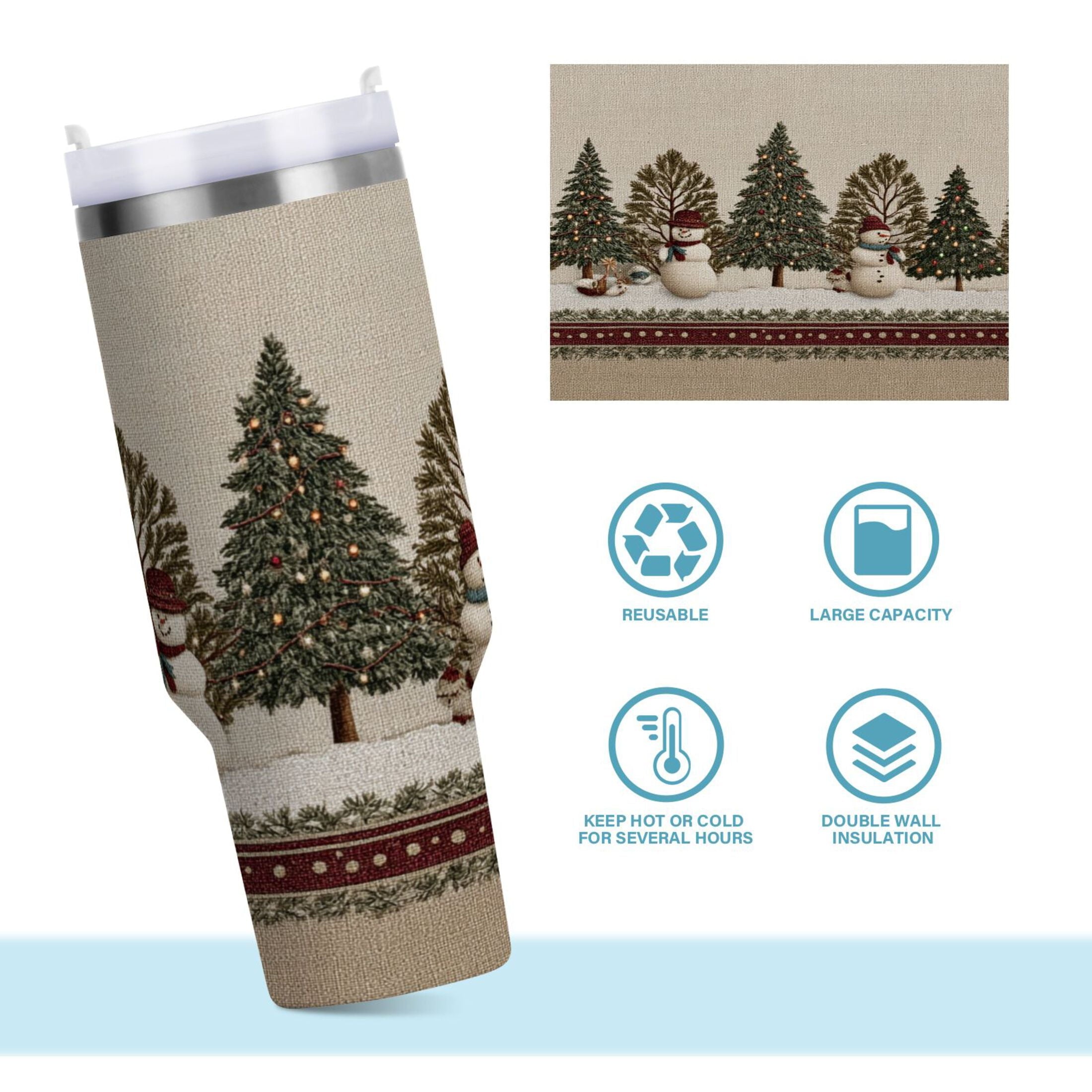 30 oz Insulated Stainless Steel Tumbler Double Wall Stainless Steel Tumbler with 2-Way Drinking Snowmen and Deer in The Forest | JJ5C