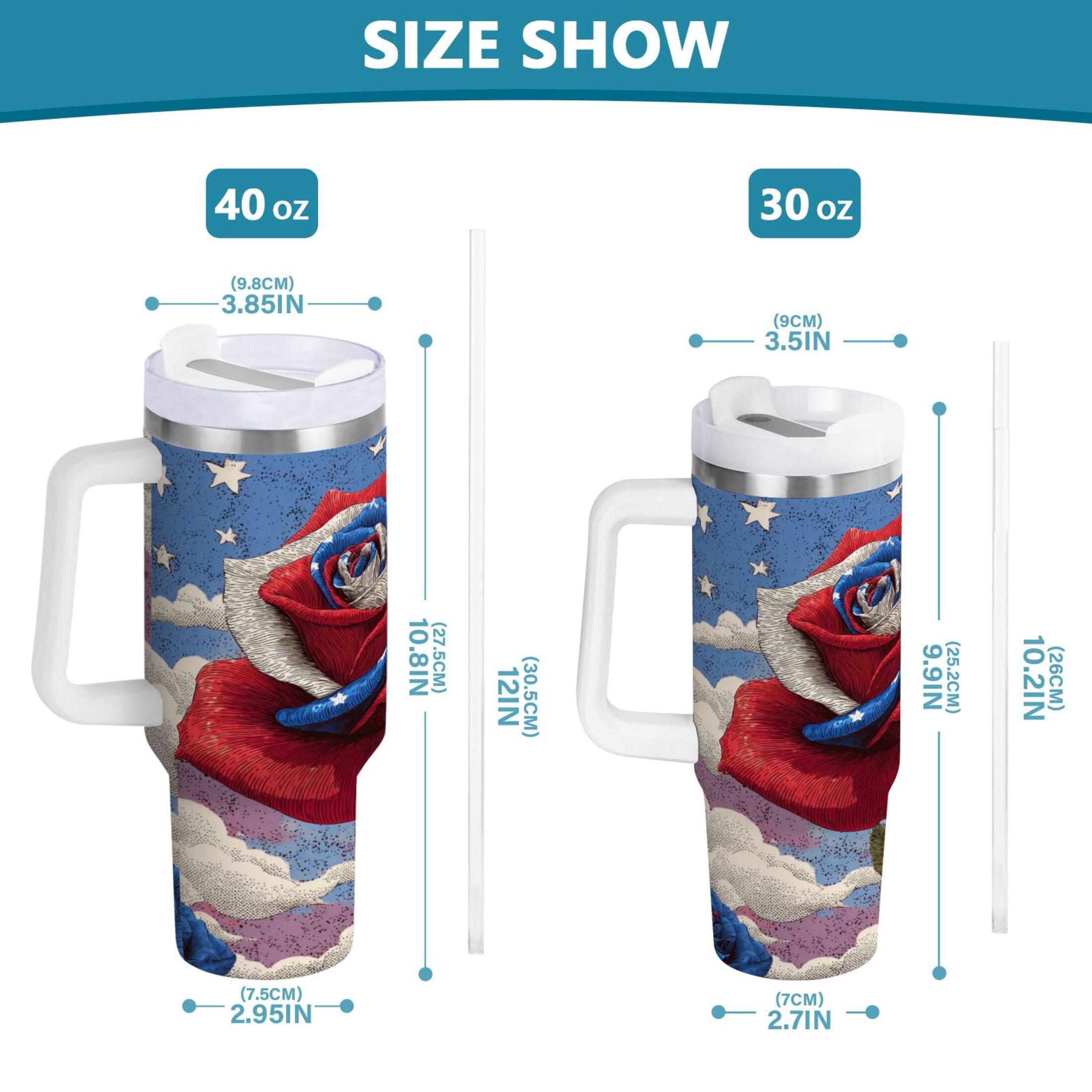 40 oz Insulated Stainless Steel Tumbler Double Wall Stainless Steel Tumbler with 2-Way Drinking Roses and Clouds | G3YV