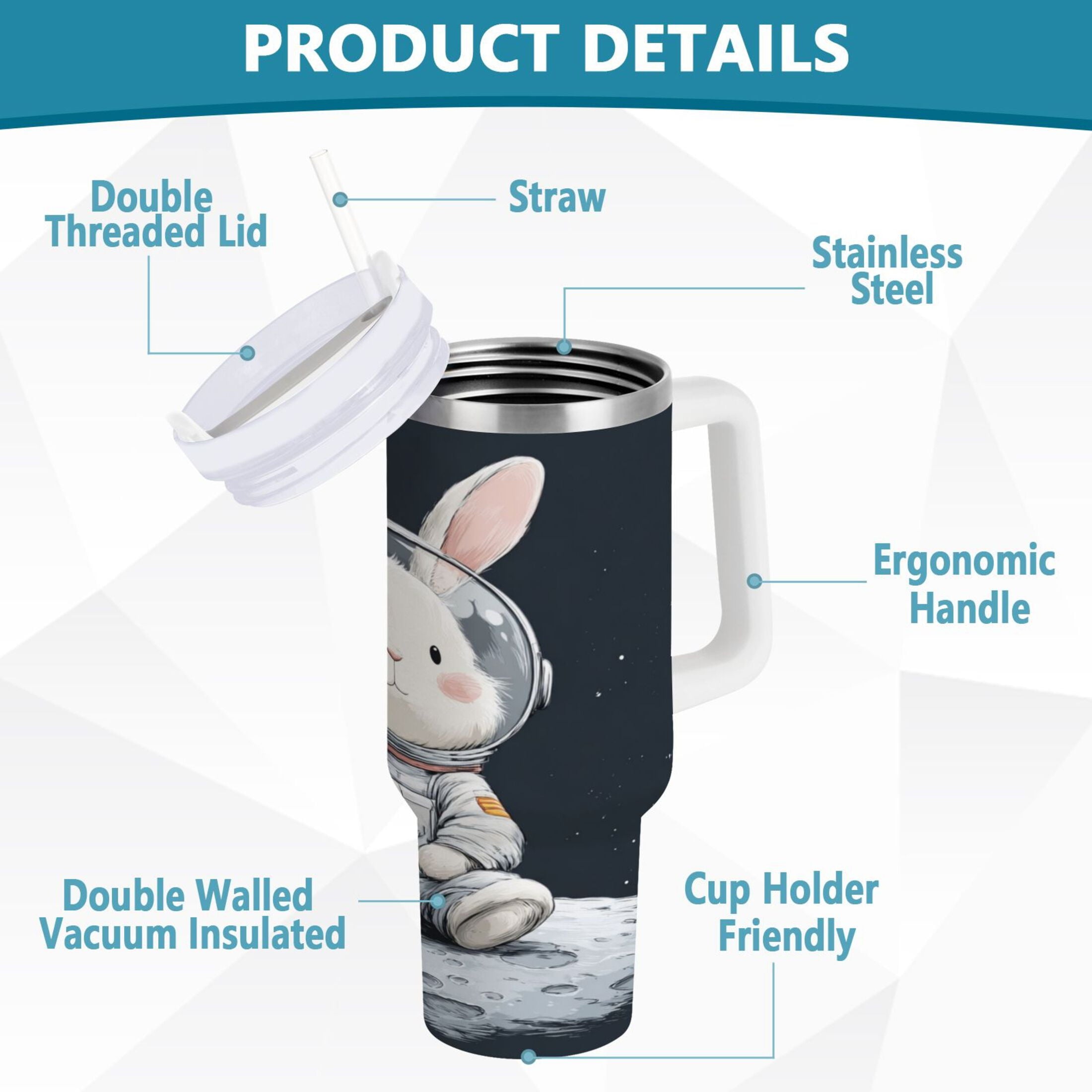 40 oz Insulated Stainless Steel Tumbler Double Wall Stainless Steel Tumbler with 2-Way Drinking Rabbit in A Space | ENFR