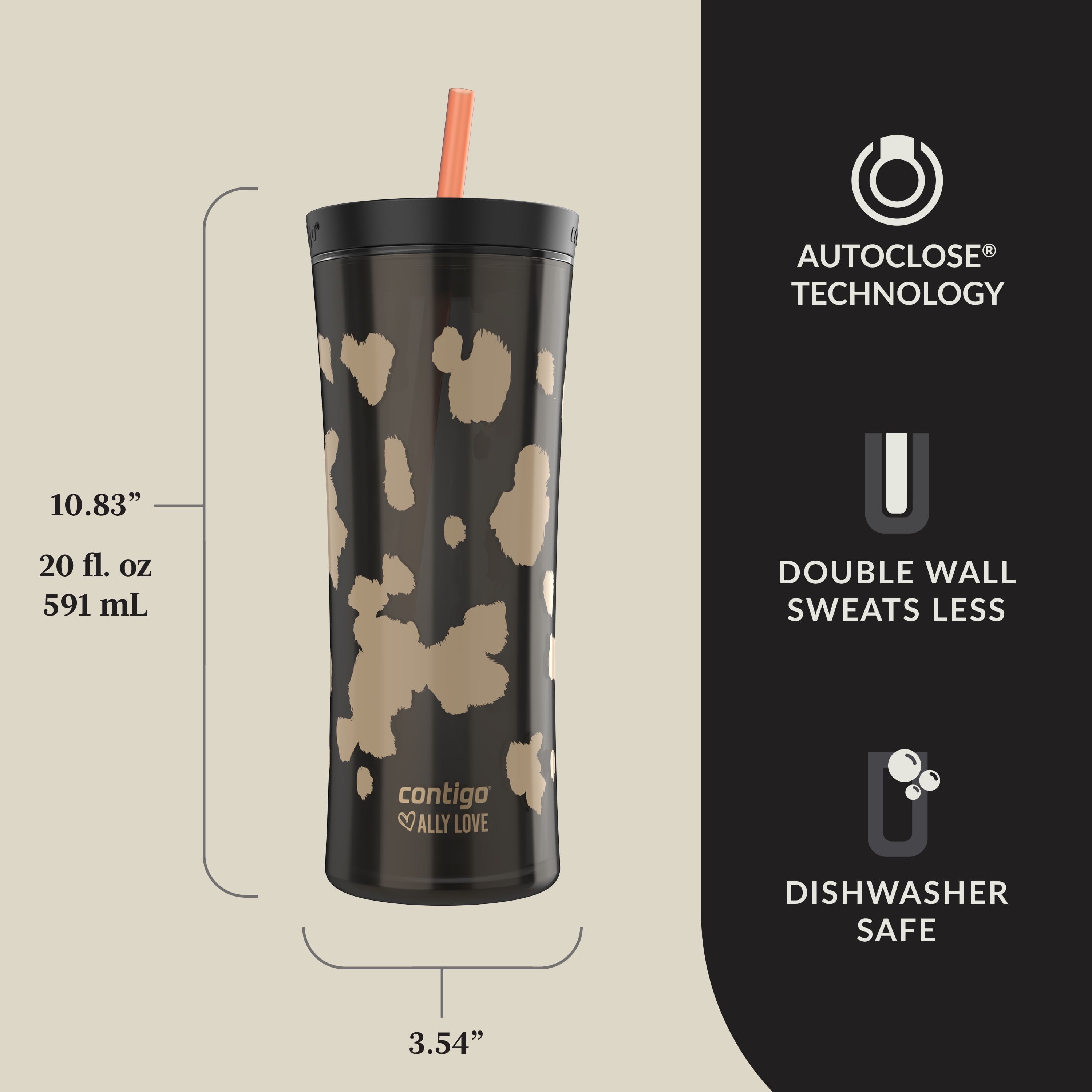Contigo 20oz Shake &amp; Go Tumbler, Plastic with Straw, Licorice Cowhide Couture | AT0B
