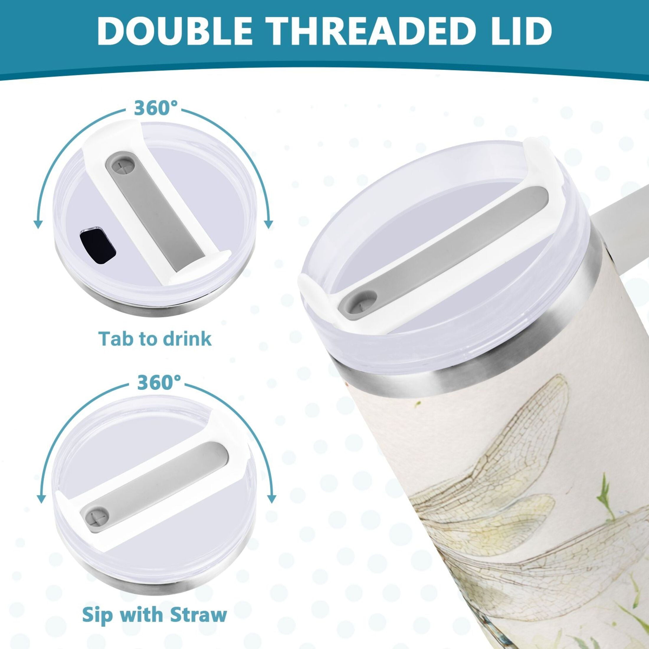 30 oz Insulated Stainless Steel Tumbler Double Wall Stainless Steel Tumbler with 2-Way Drinking Dragonflies with White Daisies | 5IT4