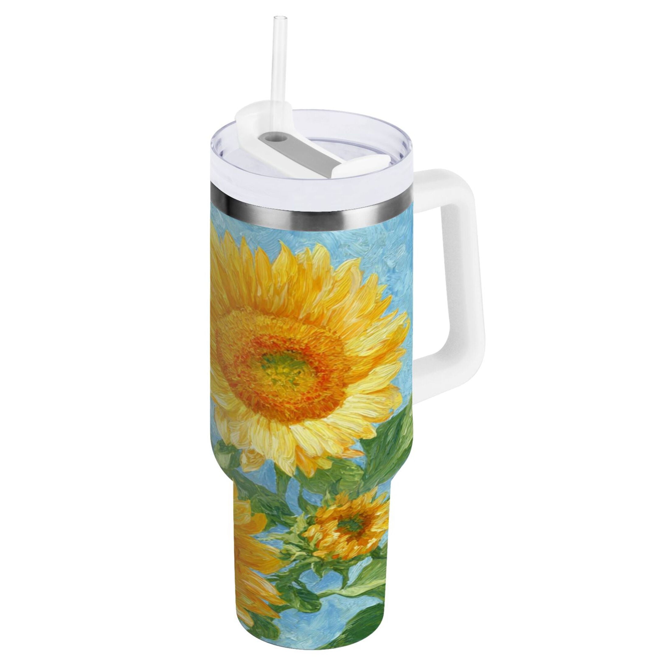 40 oz Insulated Stainless Steel Tumbler Double Wall Stainless Steel Tumbler with 2-Way Drinking Sunflower Oil Painting | I2WS