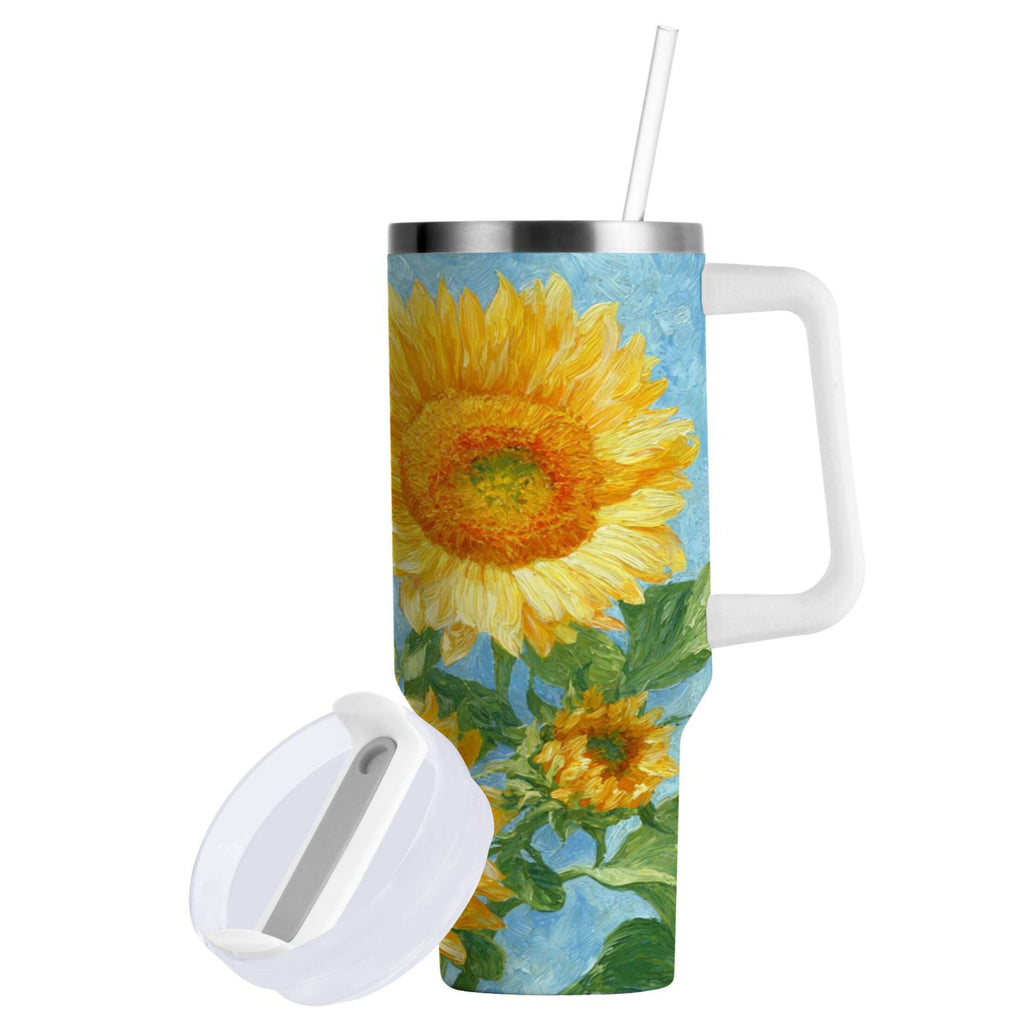 40 oz Insulated Stainless Steel Tumbler Double Wall Stainless Steel Tumbler with 2-Way Drinking Sunflower Oil Painting | I2WS