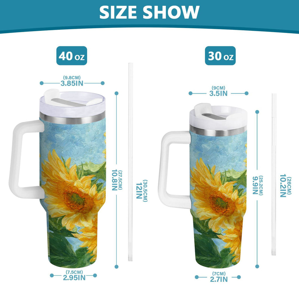 40 oz Insulated Stainless Steel Tumbler Double Wall Stainless Steel Tumbler with 2-Way Drinking Sunflower Oil Painting | I2WS