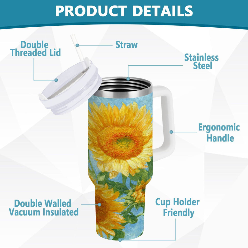 40 oz Insulated Stainless Steel Tumbler Double Wall Stainless Steel Tumbler with 2-Way Drinking Sunflower Oil Painting | I2WS