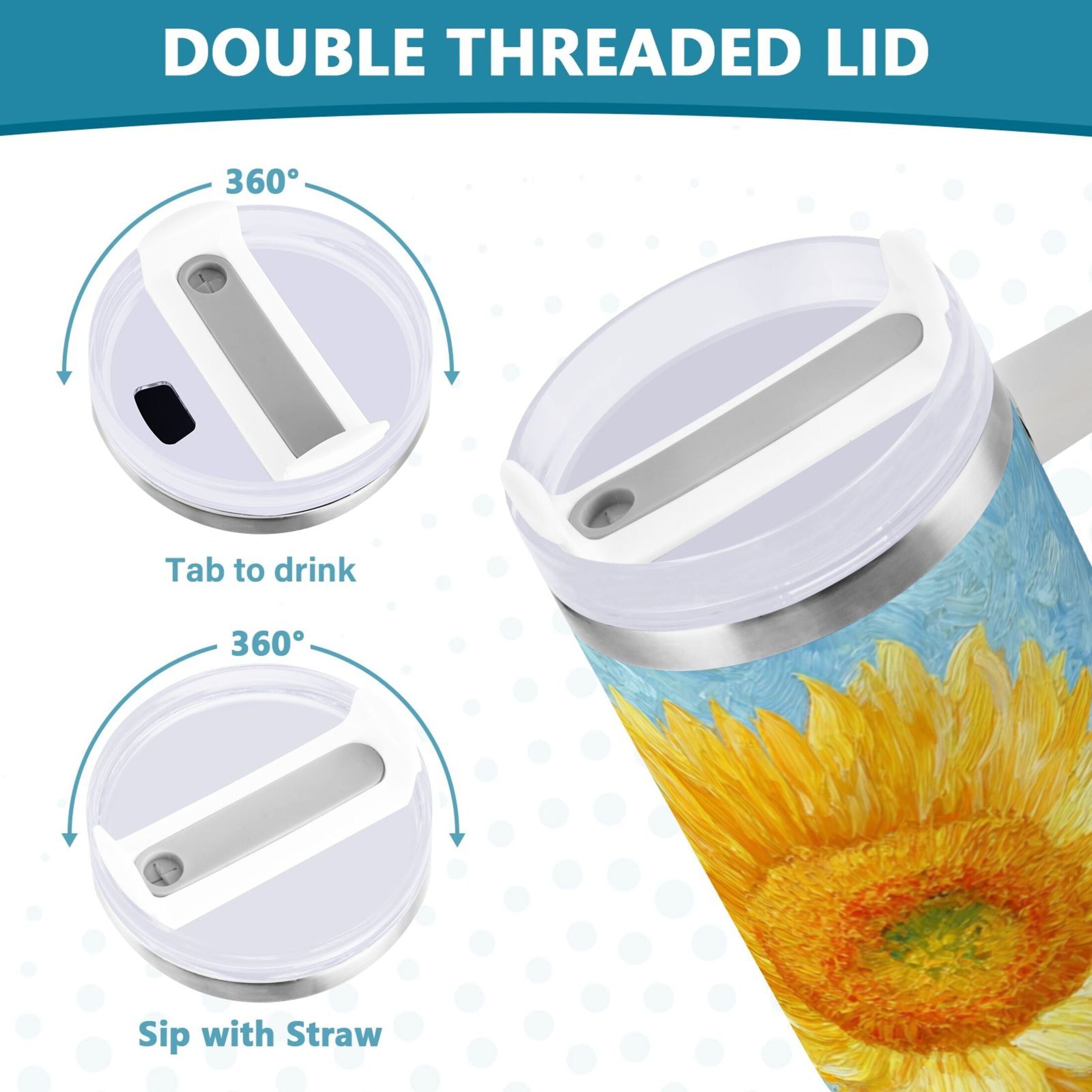 40 oz Insulated Stainless Steel Tumbler Double Wall Stainless Steel Tumbler with 2-Way Drinking Sunflower Oil Painting | I2WS