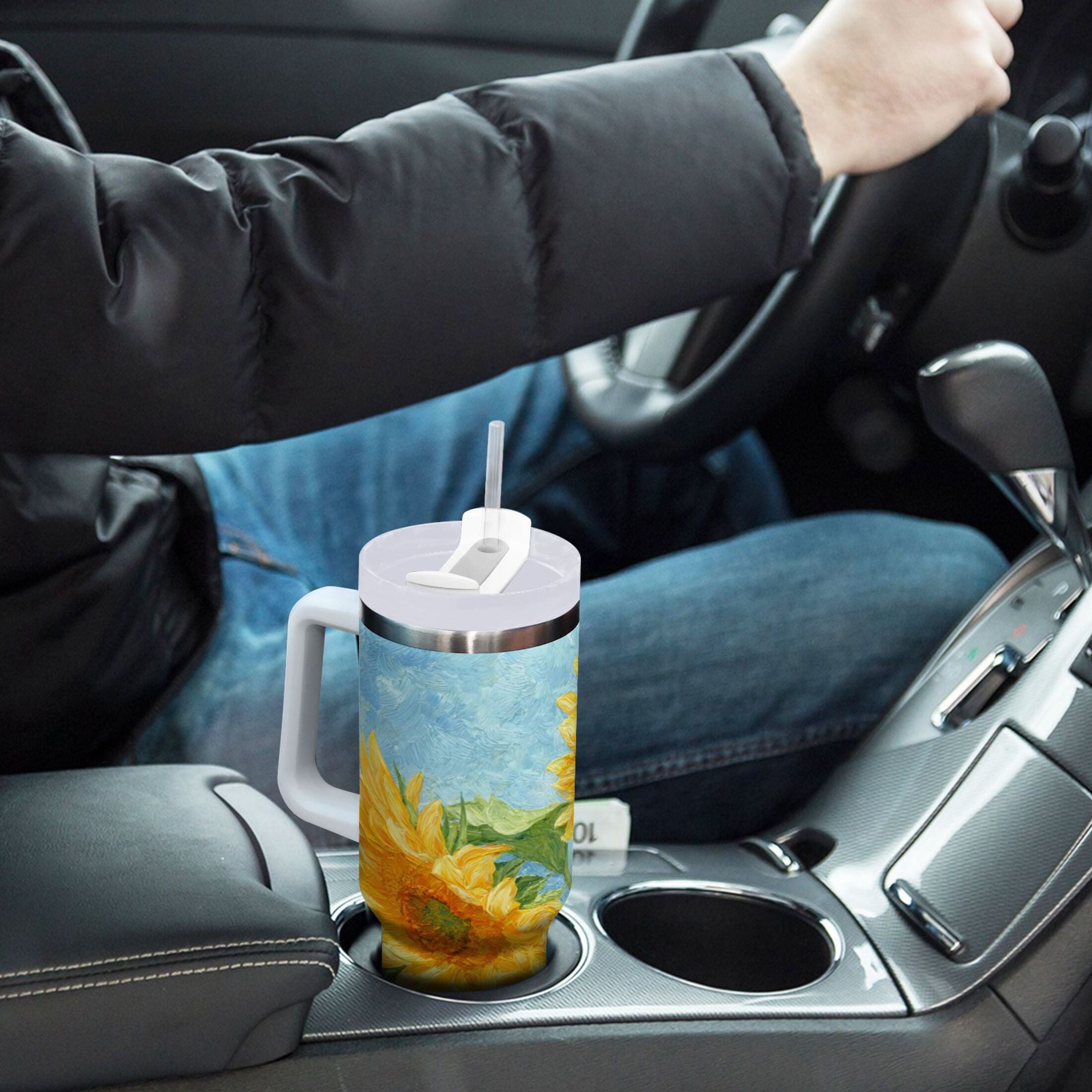 40 oz Insulated Stainless Steel Tumbler Double Wall Stainless Steel Tumbler with 2-Way Drinking Sunflower Oil Painting | I2WS