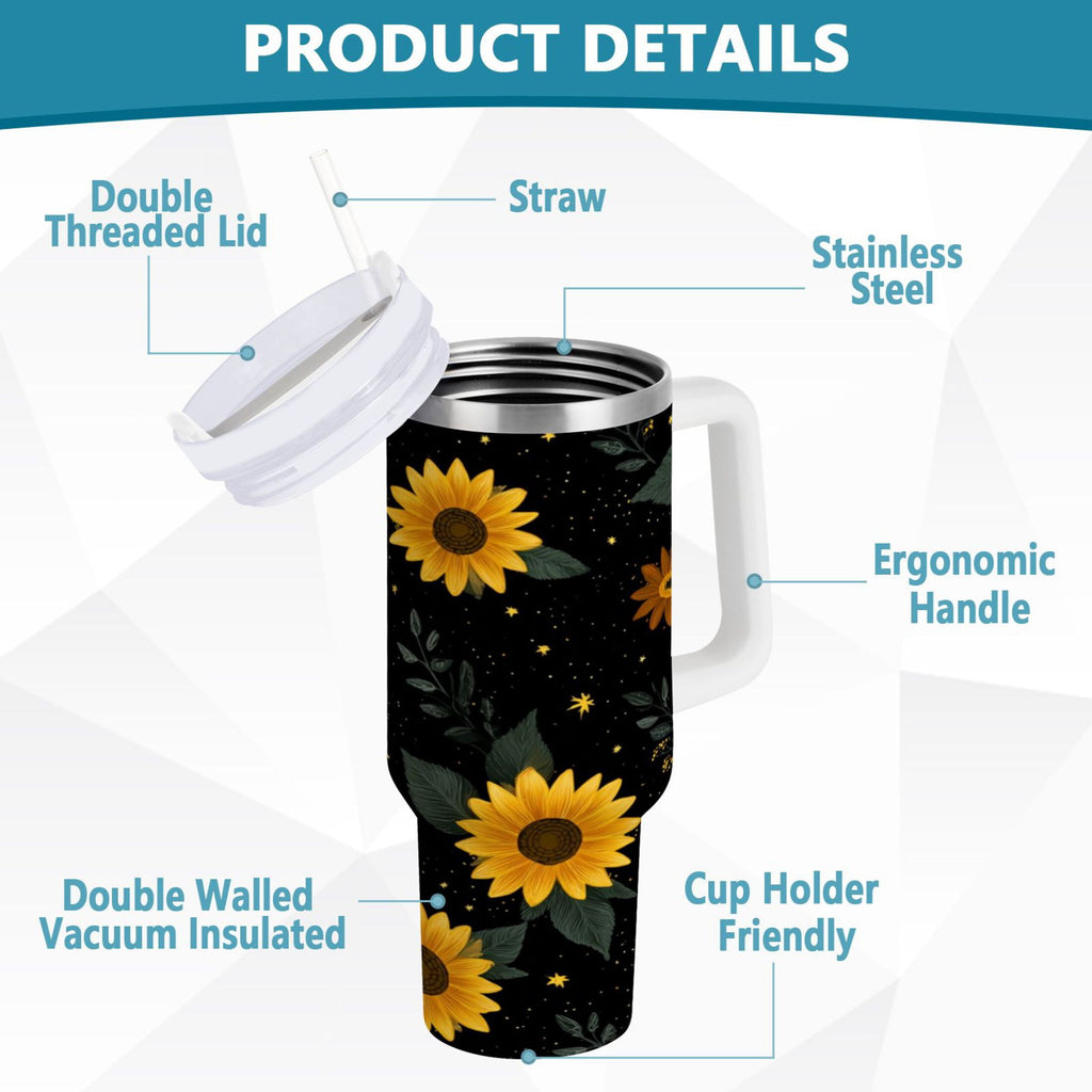30 oz Insulated Stainless Steel Tumbler Double Wall Stainless Steel Tumbler with 2-Way Drinking Yellow Sunflower Pattern | YHWP