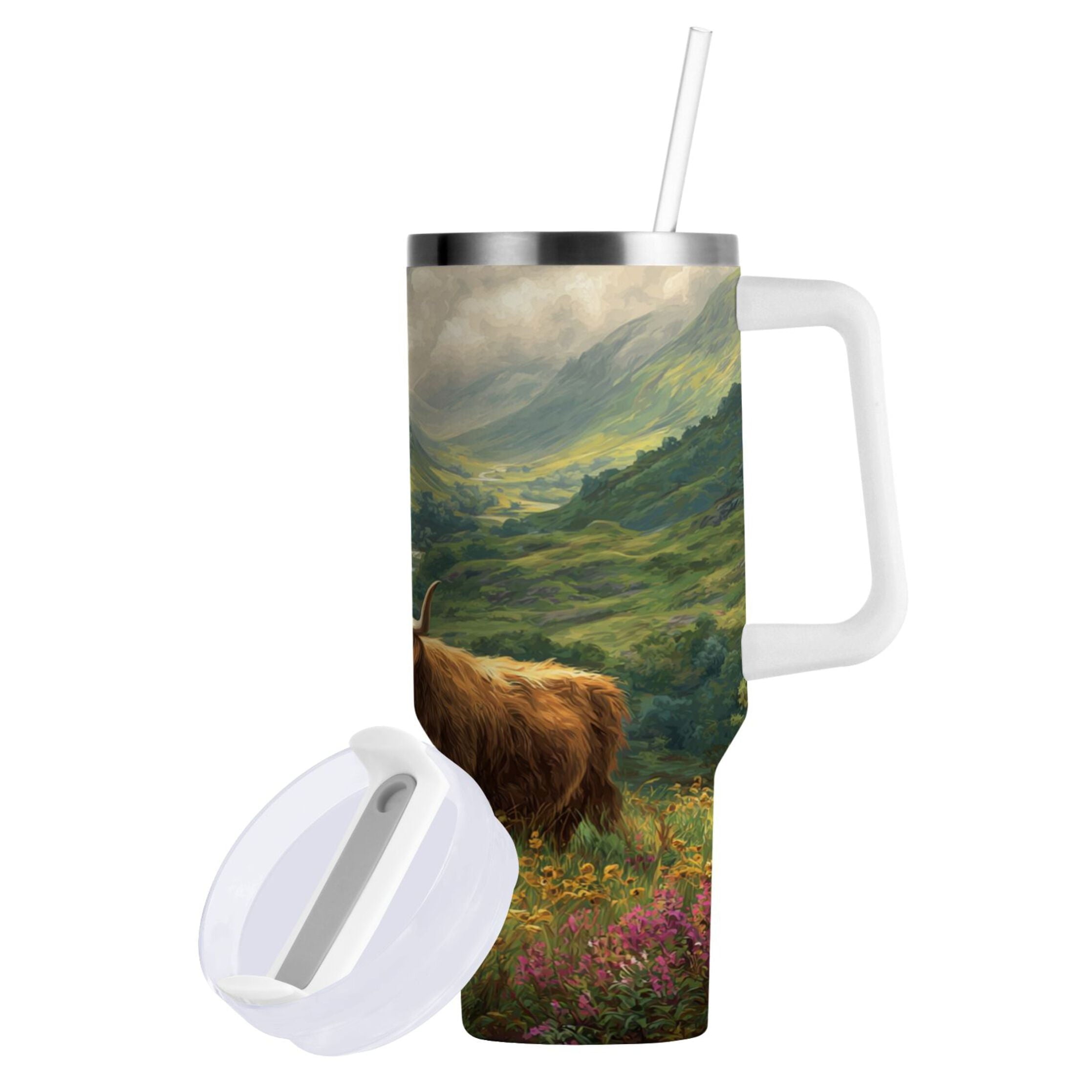 30 oz Insulated Stainless Steel Tumbler Double Wall Stainless Steel Tumbler with 2-Way Drinking Cow in Green Rolling Hills | 1E4U