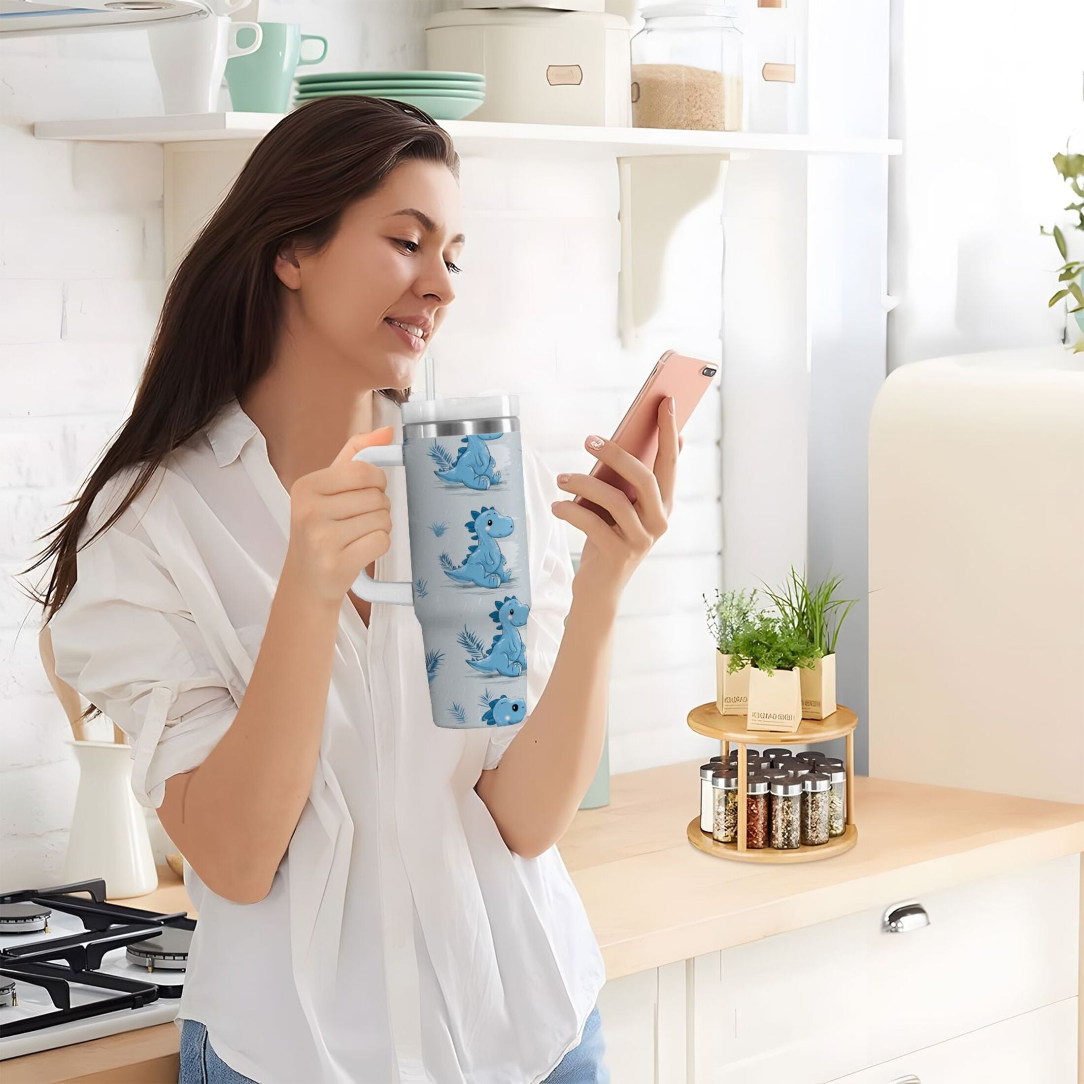 30 oz Insulated Stainless Steel Tumbler Double Wall Stainless Steel Tumbler with 2-Way Drinking Cartoon Blue Dinosaurs | LT8E