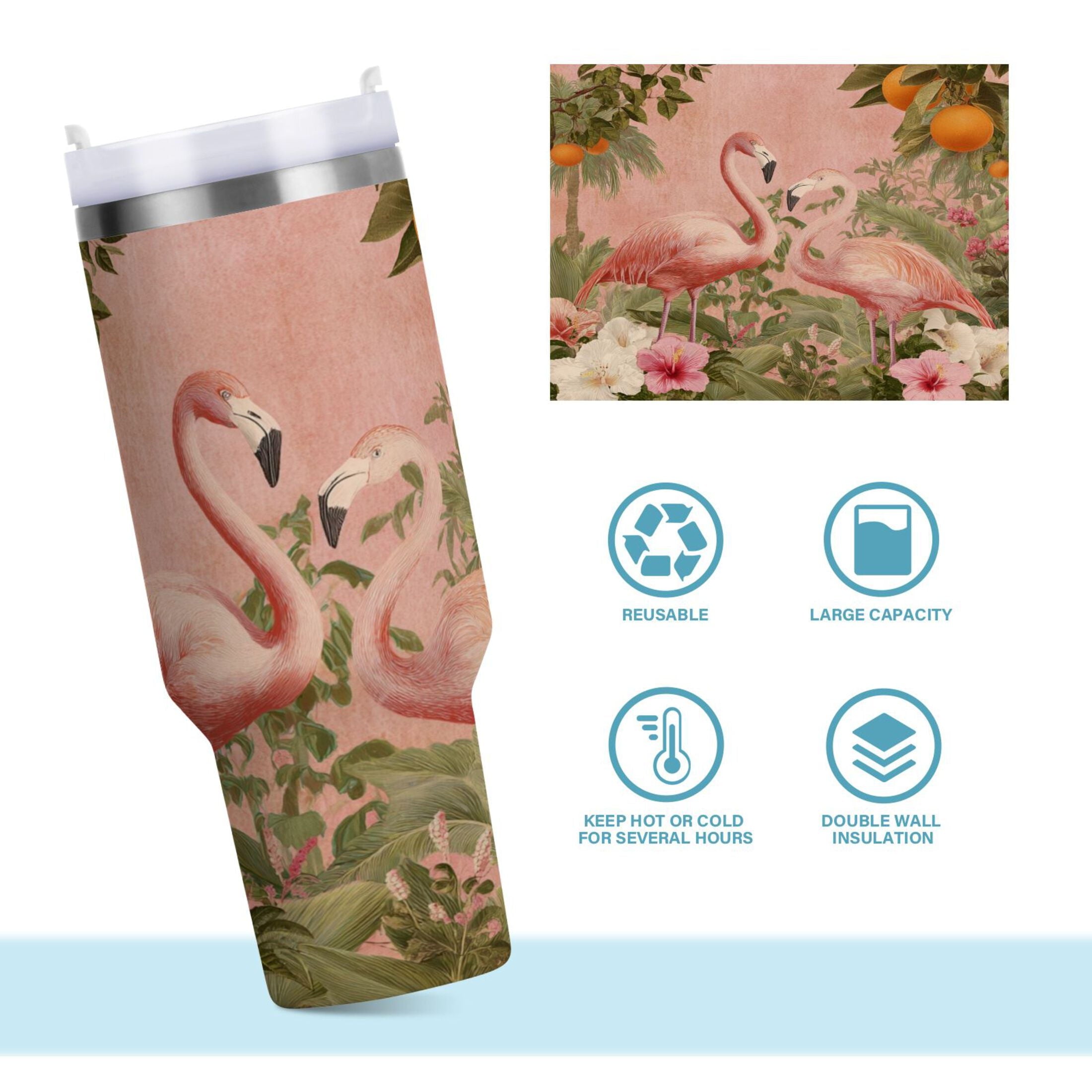 40 oz Insulated Stainless Steel Tumbler Double Wall Stainless Steel Tumbler with 2-Way Drinking Flamingos in Tropical Garden | EH41