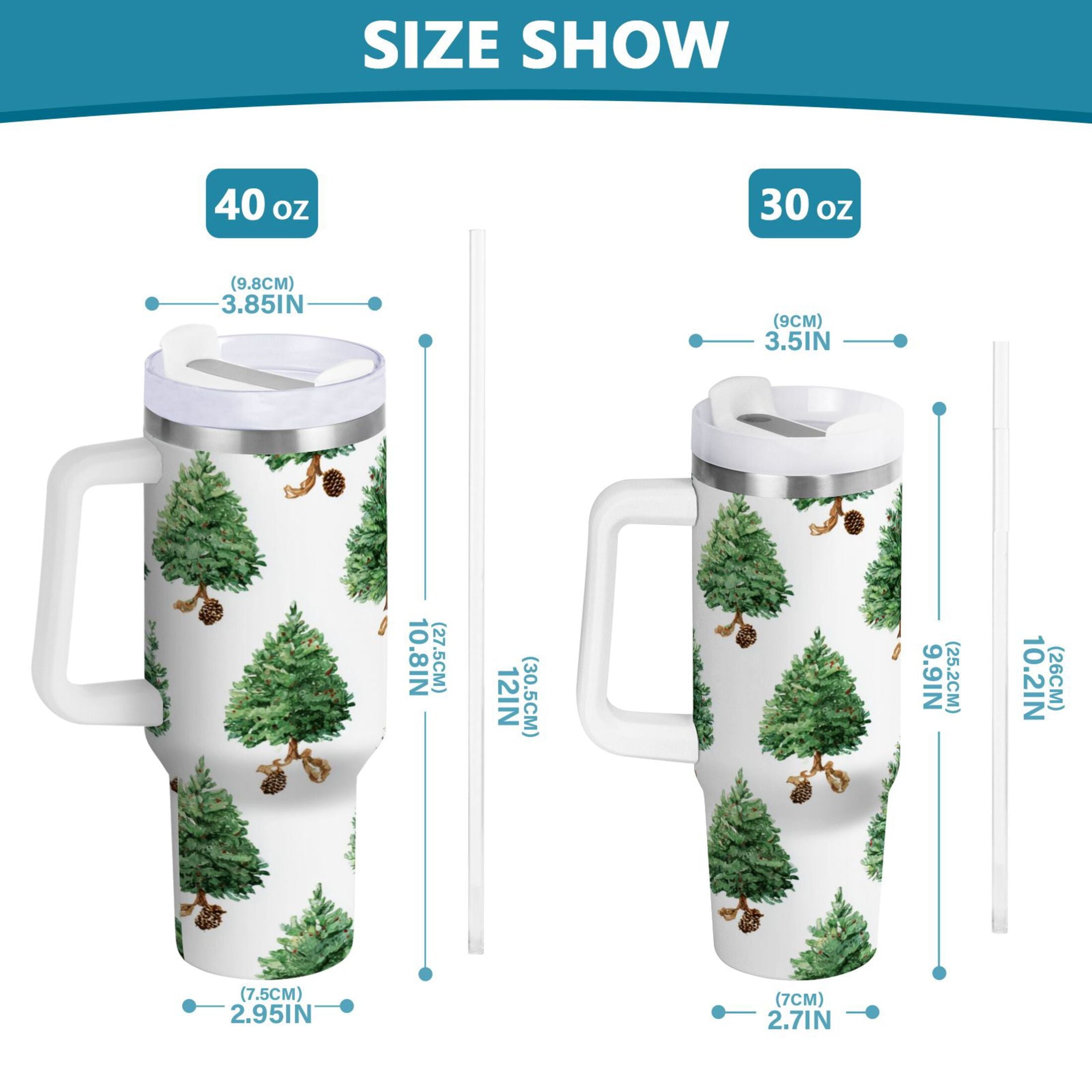 30 oz Insulated Stainless Steel Tumbler Double Wall Stainless Steel Tumbler with 2-Way Drinking Watercolor Green Christmas Tree | DGSA