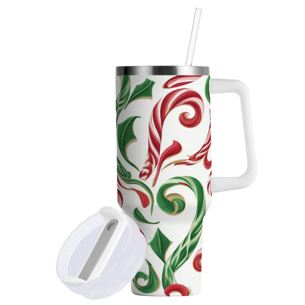 40 oz Insulated Stainless Steel Tumbler Double Wall Stainless Steel Tumbler with 2-Way Drinking Red and Green Candy-cane | D91A