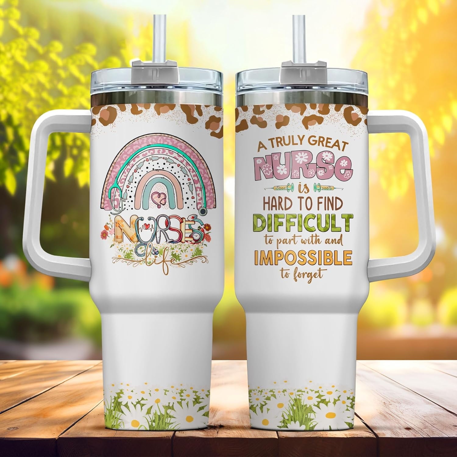 Tumbler 40 Oz With Handle Lid And Straw, Nurse Gifts, Black Camo White Engraved Print Travel Nurses Tumblers Handle Funny Cups Nursing For, Great Nurse Rainbow Daisy Flower | 86KP