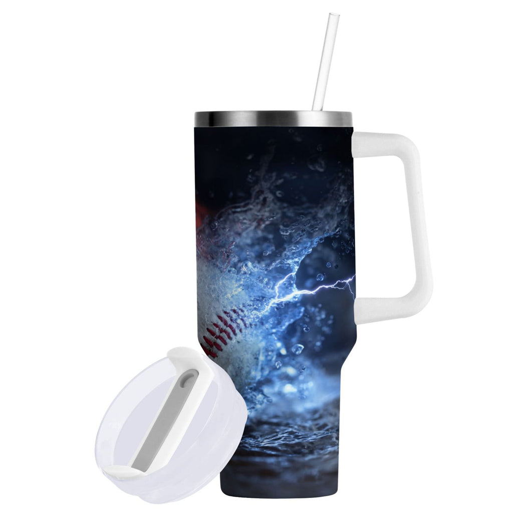 40 oz Insulated Stainless Steel Tumbler Double Wall Stainless Steel Tumbler with 2-Way Drinking Baseball with Water and Fire | Q6BL