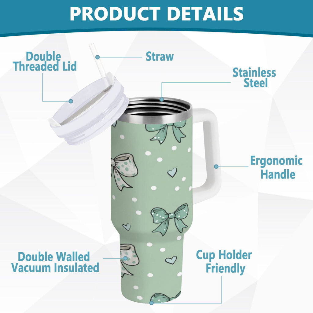 30 oz Insulated Stainless Steel Tumbler Double Wall Stainless Steel Tumbler with 2-Way Drinking Green and Mint Bows | B2SF