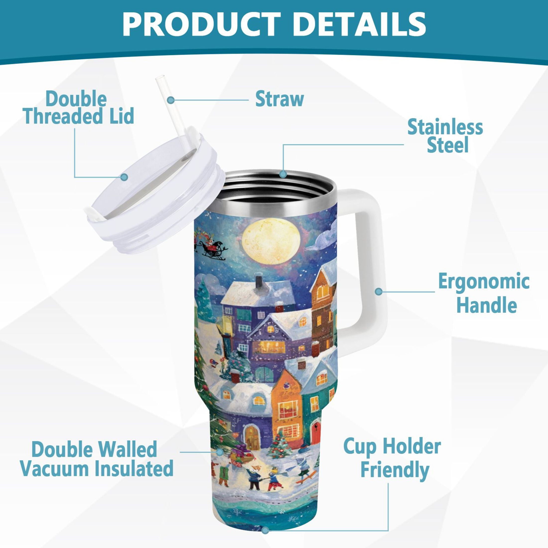 30 oz Insulated Stainless Steel Tumbler Double Wall Stainless Steel Tumbler with 2-Way Drinking Charming Christmas Scene | NQ9G