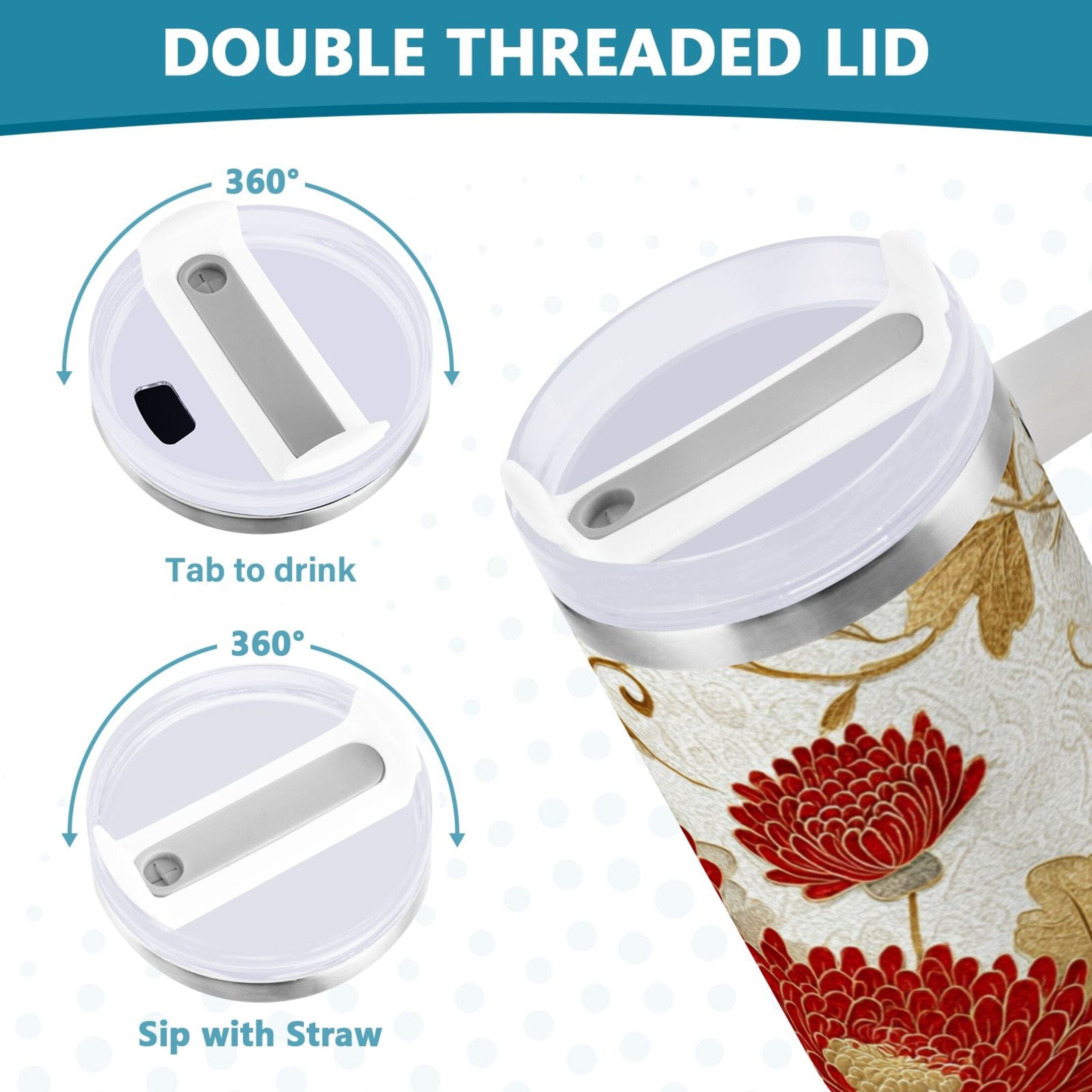 30 oz Insulated Stainless Steel Tumbler Double Wall Stainless Steel Tumbler with 2-Way Drinking Red Chrysanthemum Pattern | EJZ9