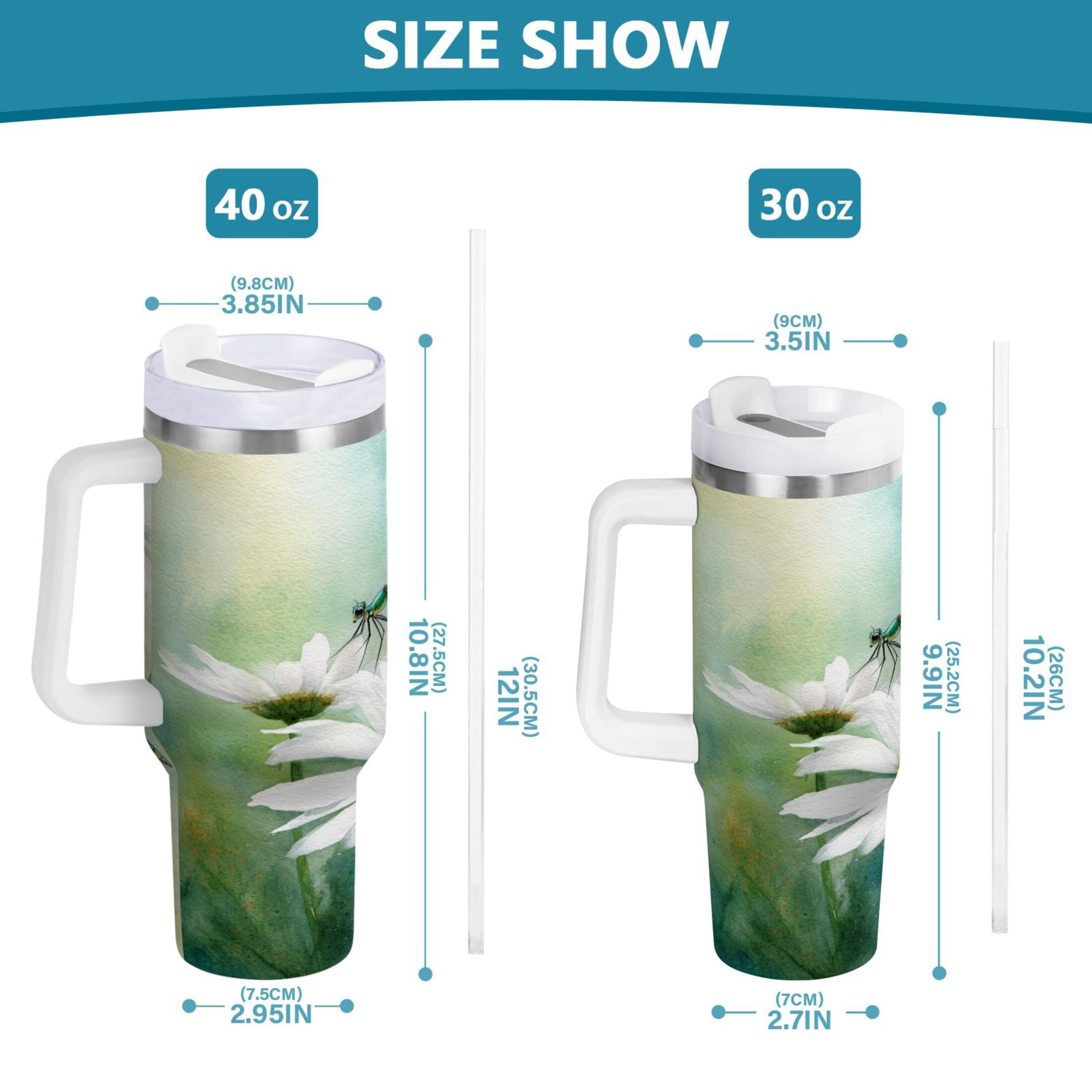 30 oz Insulated Stainless Steel Tumbler Double Wall Stainless Steel Tumbler with 2-Way Drinking Beautiful Dragonflies and Daisies | P6SW