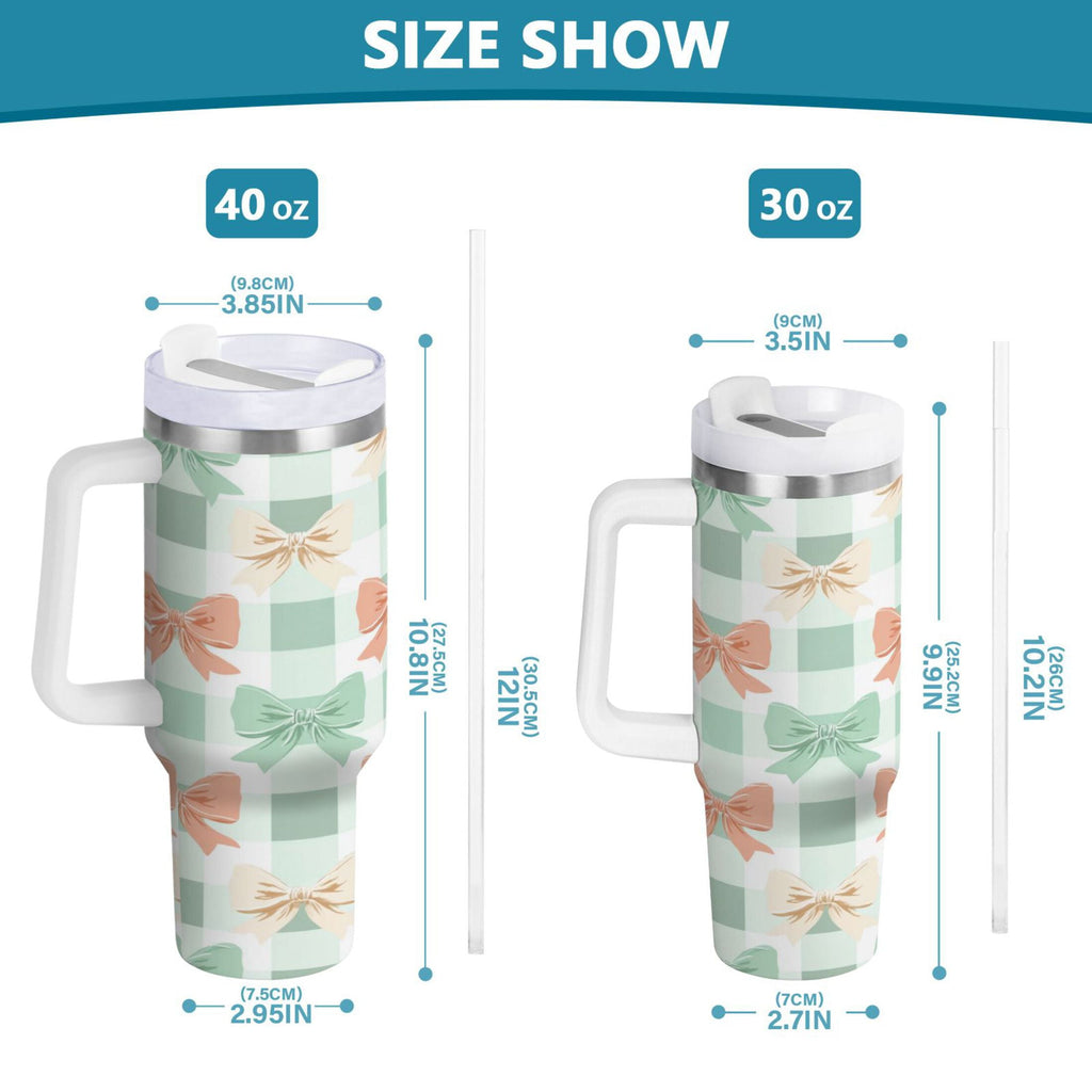 40 oz Insulated Stainless Steel Tumbler Double Wall Stainless Steel Tumbler with 2-Way Drinking Green and Peach Bow Pattern | 4EI8