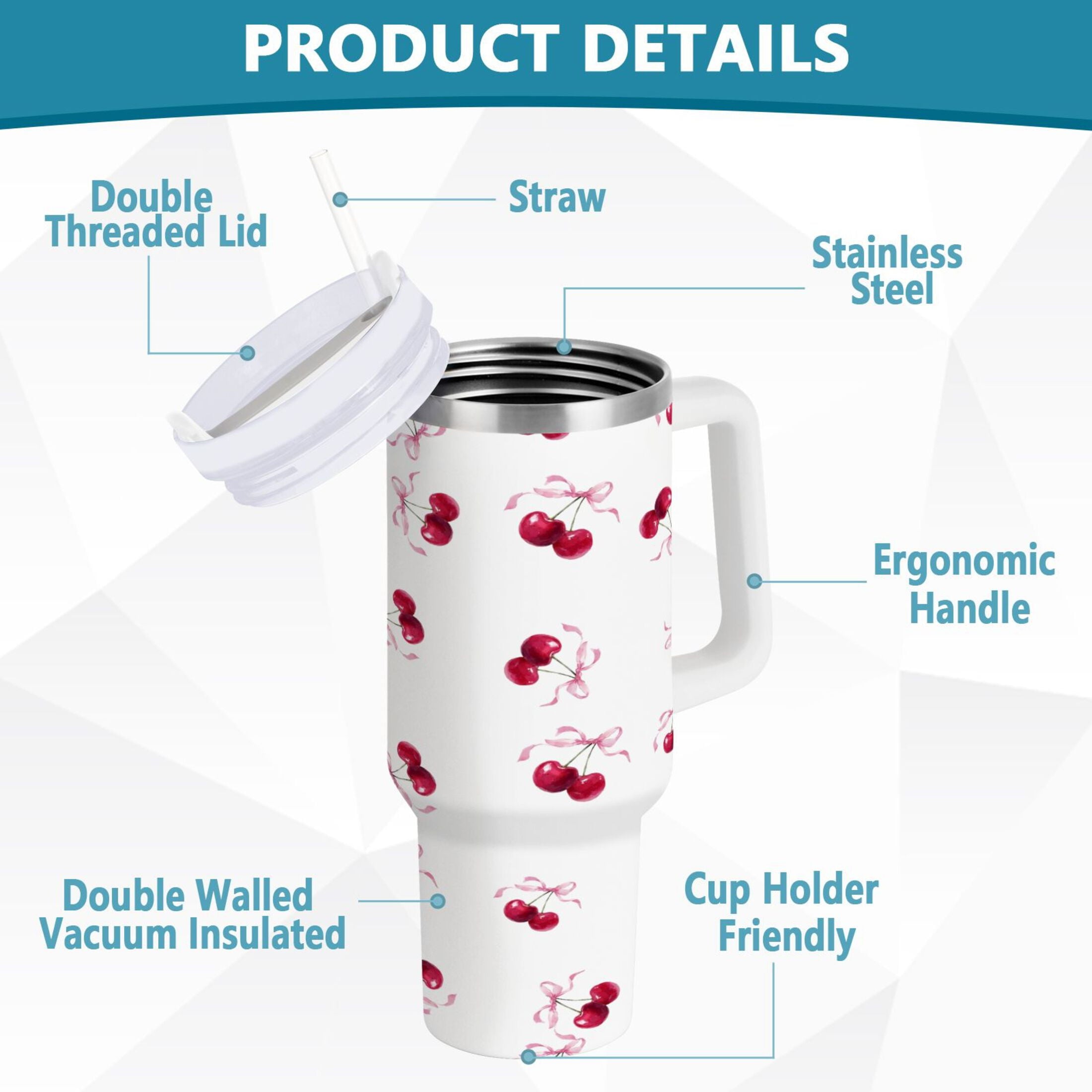 30 oz Insulated Stainless Steel Tumbler Double Wall Stainless Steel Tumbler with 2-Way Drinking Watercolor Cherries Pattern | DSFW