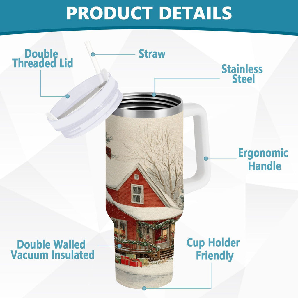 40 oz Insulated Stainless Steel Tumbler Double Wall Stainless Steel Tumbler with 2-Way Drinking House with Snow-covered Roof | WG5O