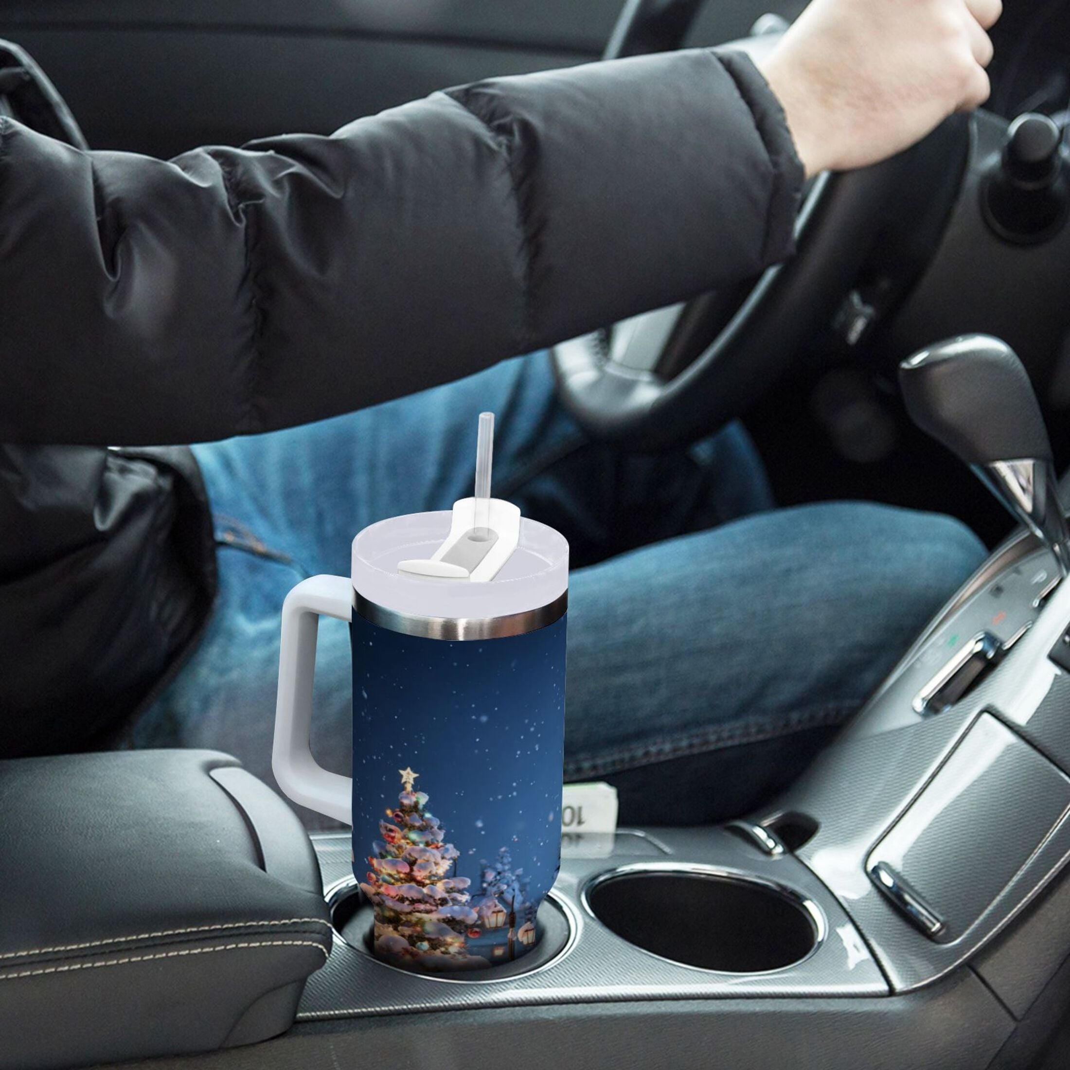 30 oz Insulated Stainless Steel Tumbler Double Wall Stainless Steel Tumbler with 2-Way Drinking Christmas Night Scene | UF7K